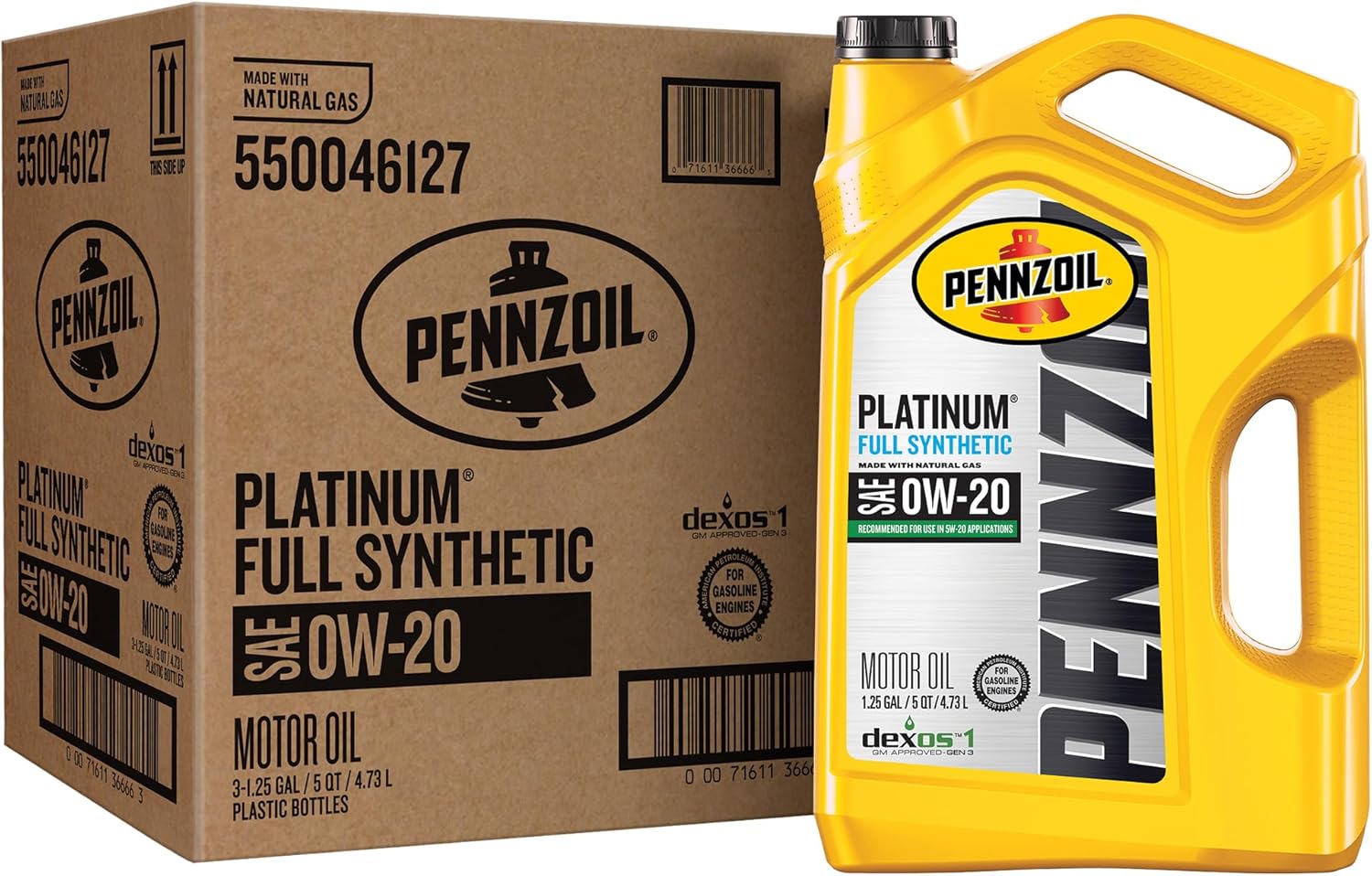 Pennzoil Platinum Full Synthetic 0W-20 Motor Oil, 5 Quart (3 Pack)