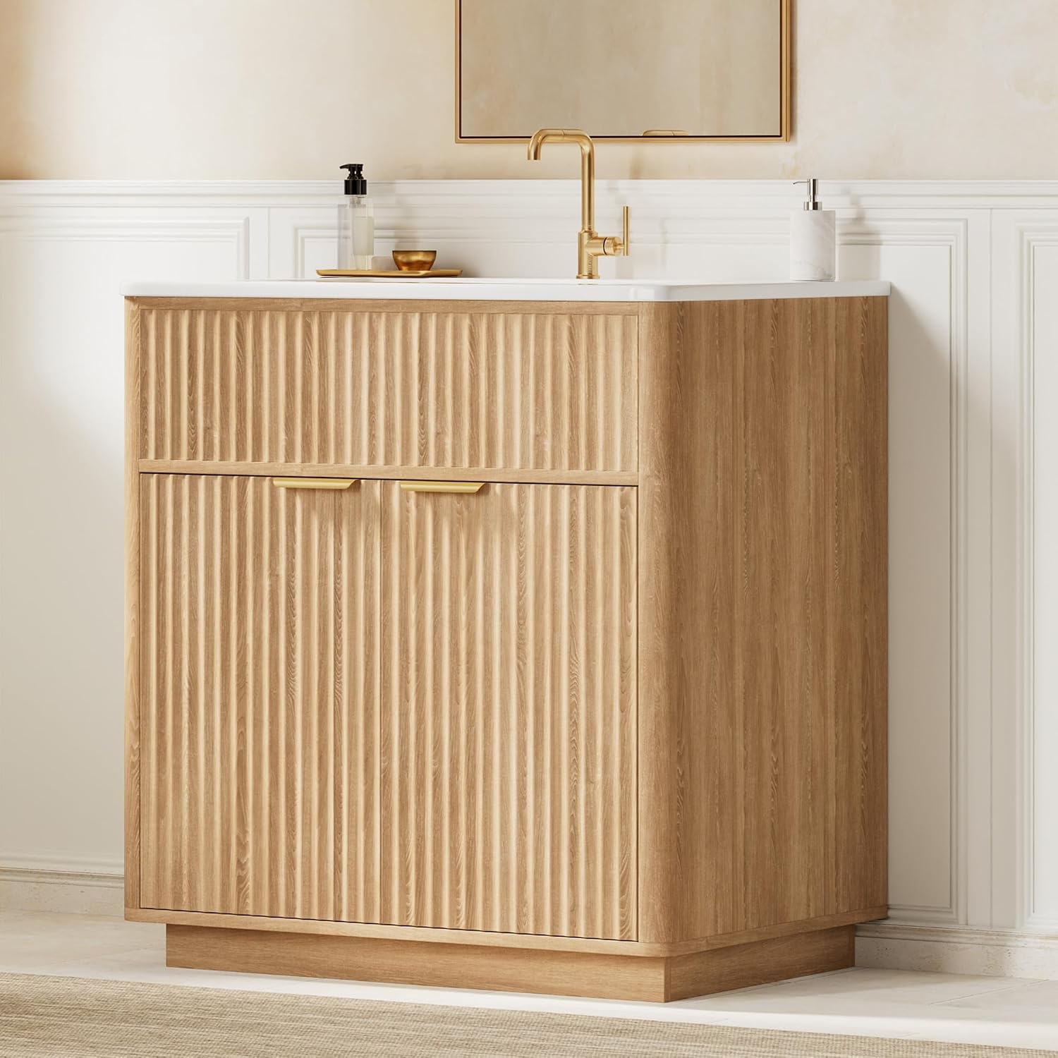 30 Inch Bathroom Vanity with Sink, Fluted Bathroom Vanity Cabinet-Oak