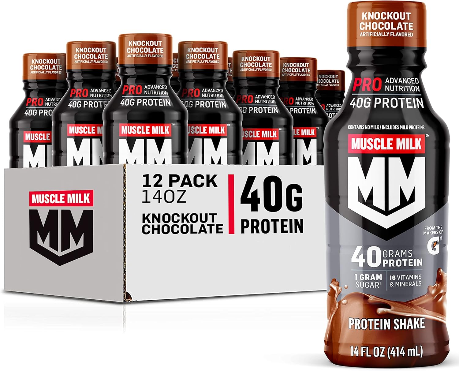 Muscle Milk Pro Advanced Nutrition Protein Shake, Knockout Chocolate, 14 Fl Oz Bottle, 12 Pack, 40g Protein, 1g Sugar, 16 Vitamins & Minerals, 6g Fiber, Workout Recovery, Packaging May Vary