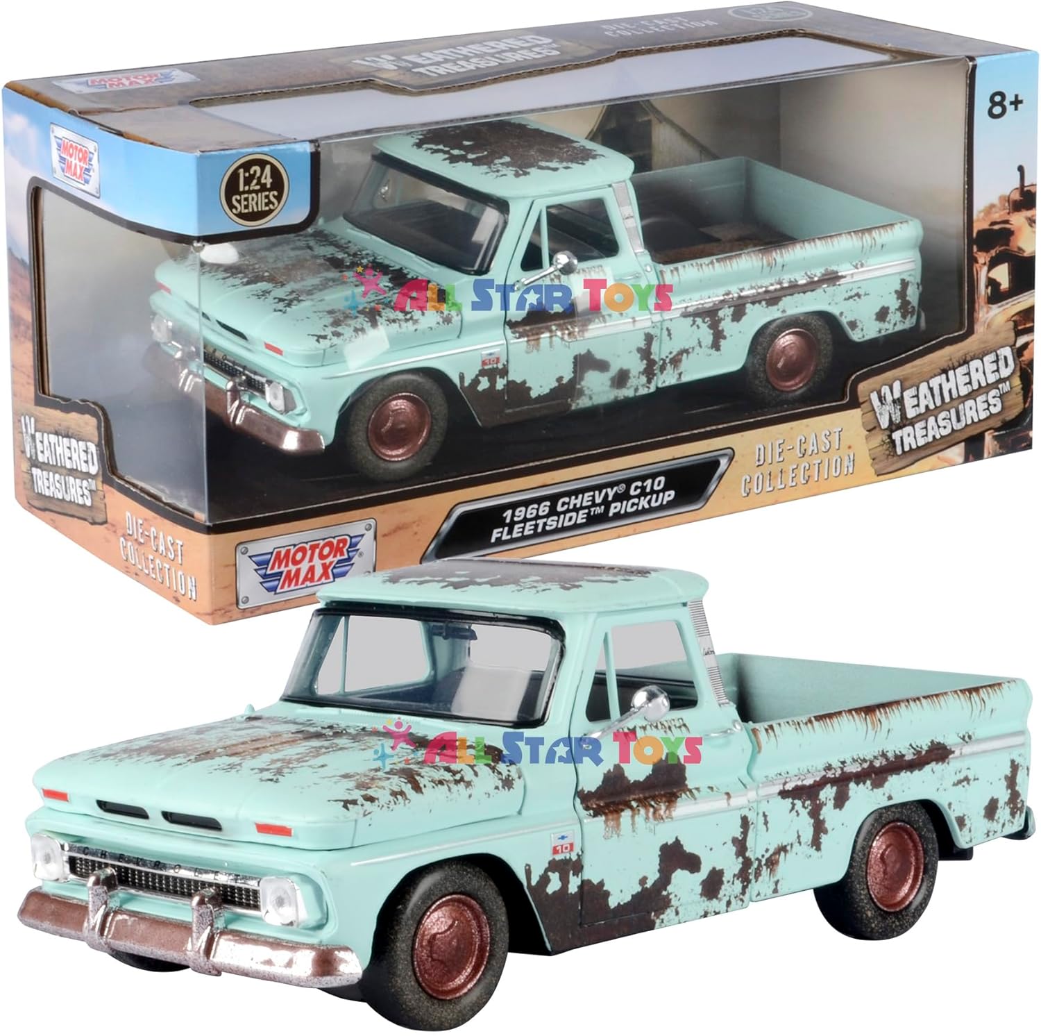 Motormax 1966 Chevy C10 Pickup Weathered Treasueres Barn Find 1/24 Scale Diecast Model Car 79073 All Star Toys Edition