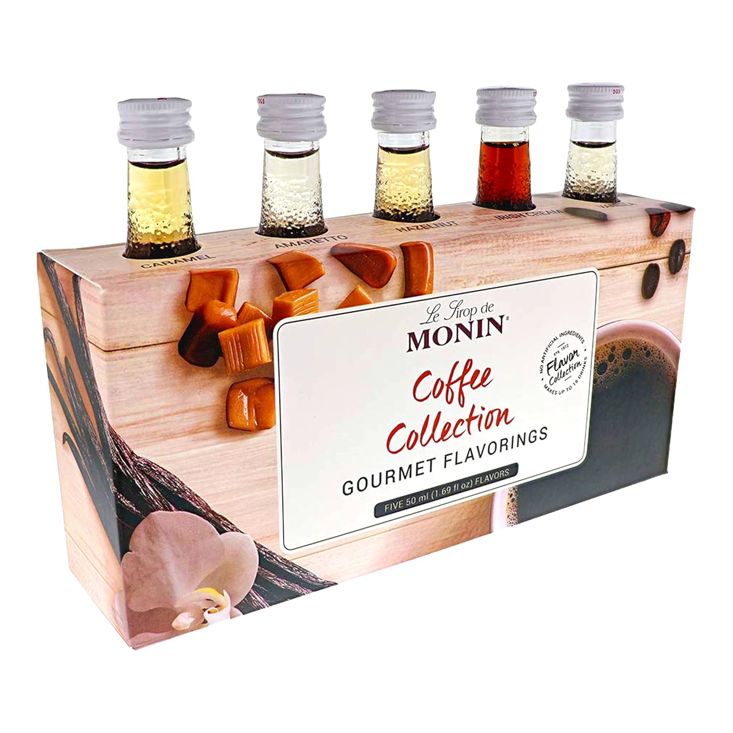 Monin - Gourmet Flavorings Coffee Collection (Caramel, Amaretto, Hazelnut, Irish Cream, Vanilla) | Clean Label, No Artificial Flavors, No Artificial Preservatives (5-pack, 50 ml each)