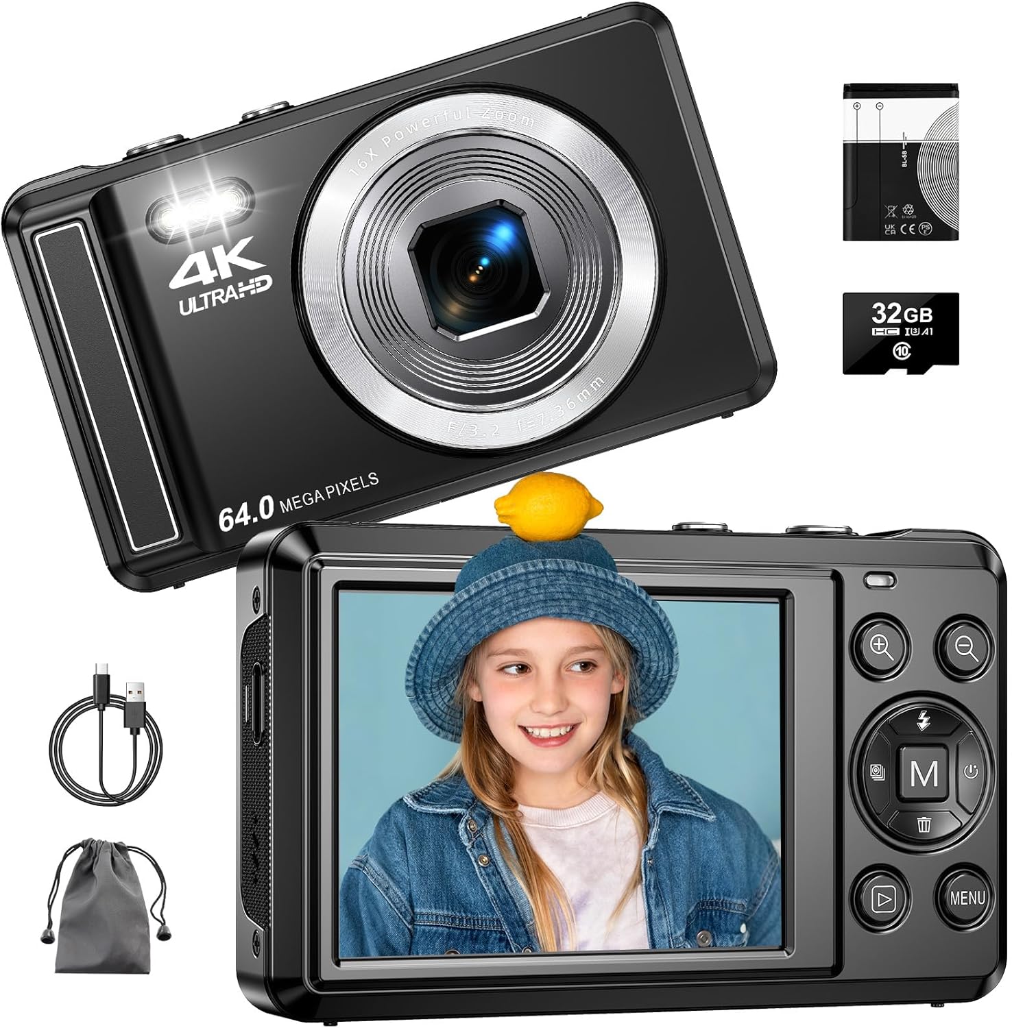 Digital Camera 4K 64 MP Autofocus Camera with 16x Digital Zoom, 2.8'' Compact Digital Camera with 32GB Card and Batteriey for Beginners, Kids, and Teenagers, Boys, and Girls