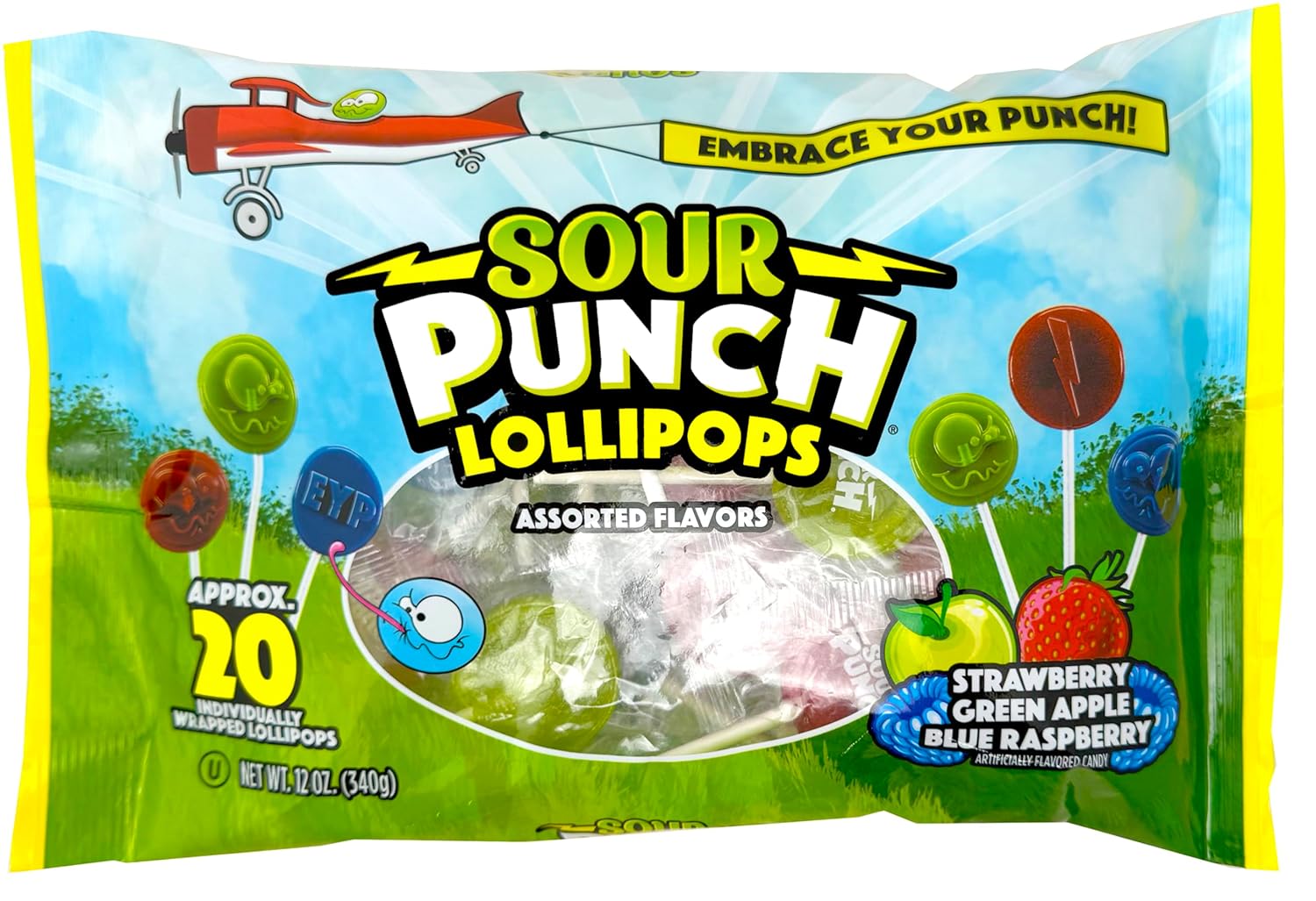 Adams & Brooks, Inc. Sour Punch Lollipops Sour Fruit Flavors Strawberry, Green Apple, Blue Raspberry Sour Lollipops, Sour Punch Pops Individually Wrapped 20 Count
