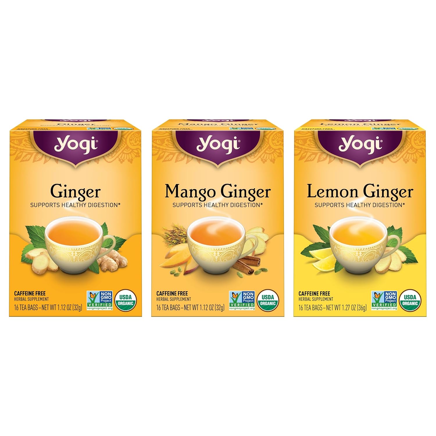 Yogi Tea Ginger Variety Sampler - 16 Bags per Pack (3 Packs) - Caffeine-Free, Organic Nausea Relief Teas – Supports Digestion - Includes Ginger, Mango & Lemon Flavors