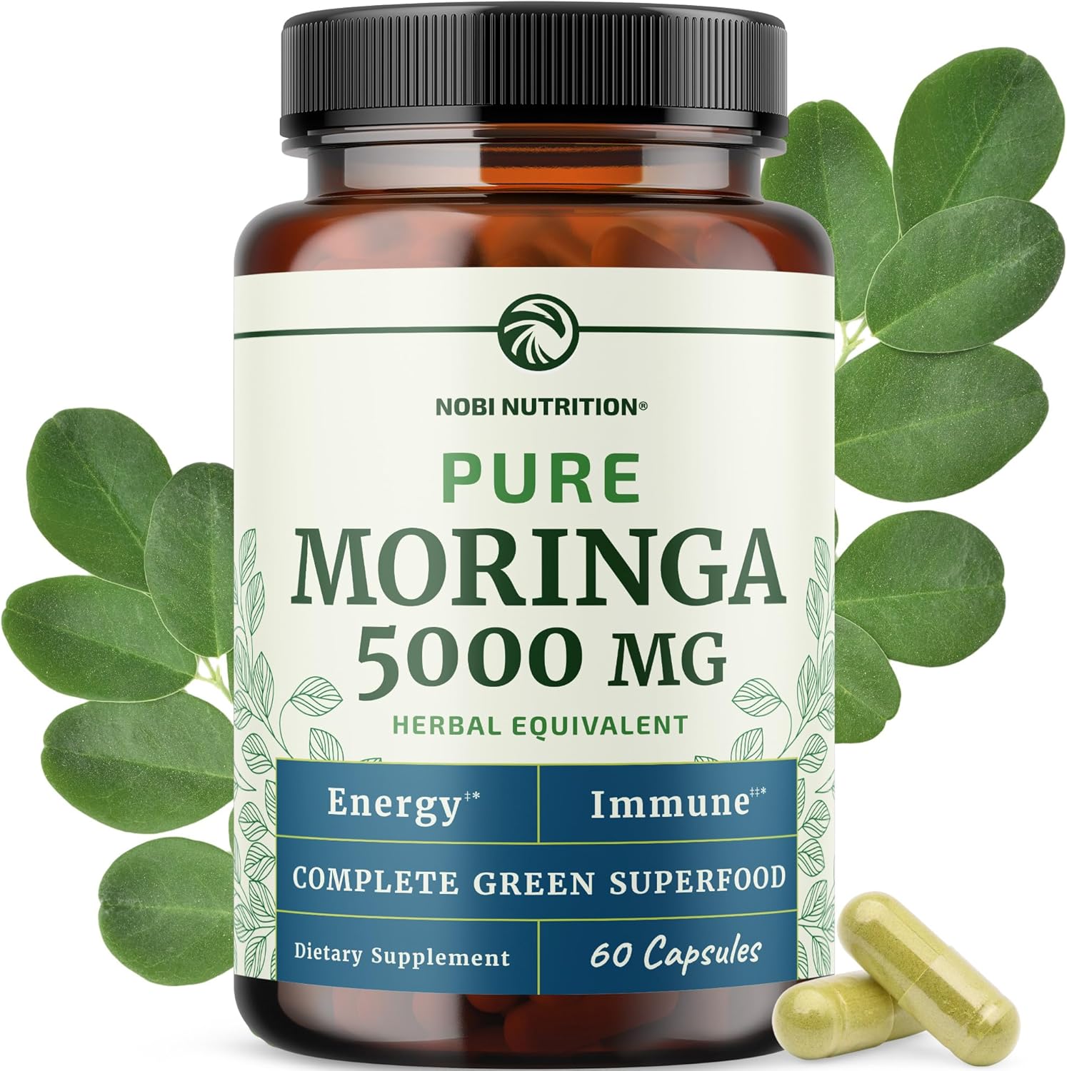 Moringa Capsules 5000mg | Potent Antioxidant Superfood | Non-GMO, Third-Party Tested Pure Moringa for Energy, Immunity & Gut Health Support | Gluten-Free Vitamins & Minerals Supplement | 60 Capsules
