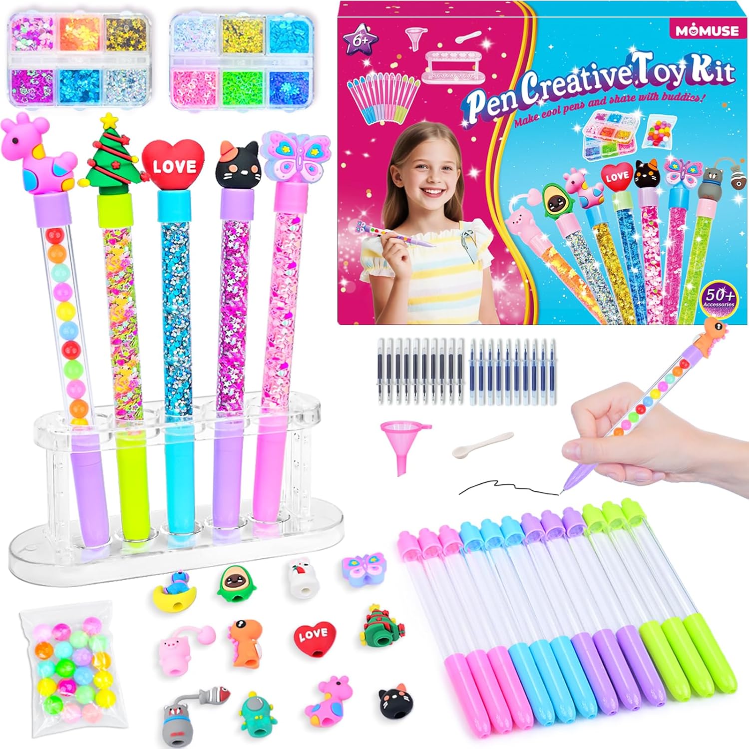 MOMUSE DIY Pen Making Kit, Fun Pen Creator Studio – Make You Own 12 Sparkly Pens with Beads, Creative Arts and Craft Kits for Kids Girls & Boys Toys Ages 6-12, Girls Birthday Present Gift 6-12 Year
