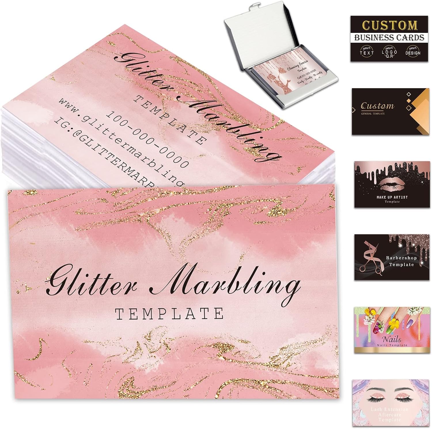 Business Cards Personalised 100PCS Custom with Logo Text QR Code Customise Glitter Marbling Cards Your Own Design for Small Business 3.5"x 2" Waterproof Double-Sided Printing