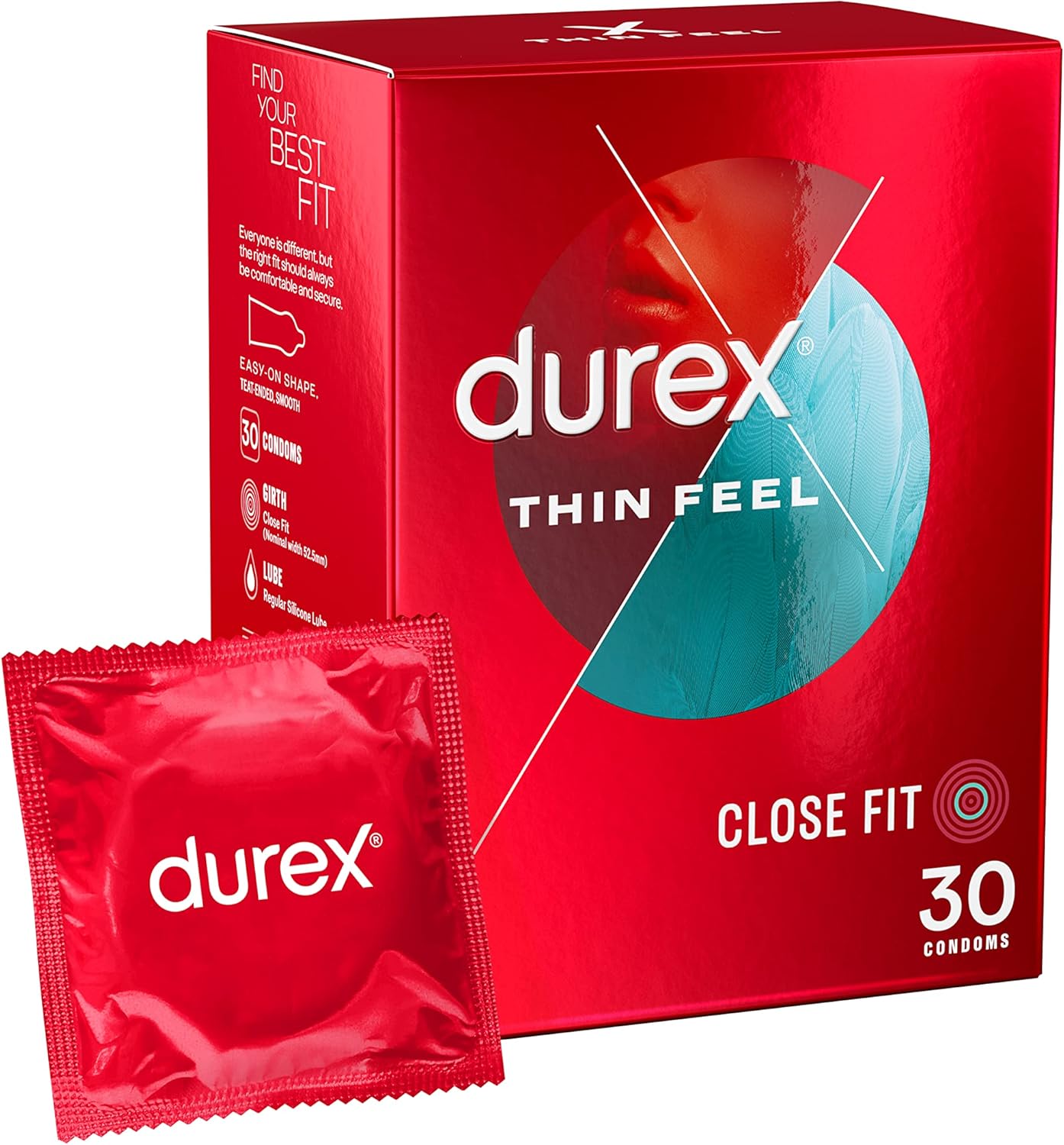 Durex Thin Feel Condoms, Close Fit, 30s, Secure, Tighter, Natural Latex, with Silicone Lube, Easy On Shape