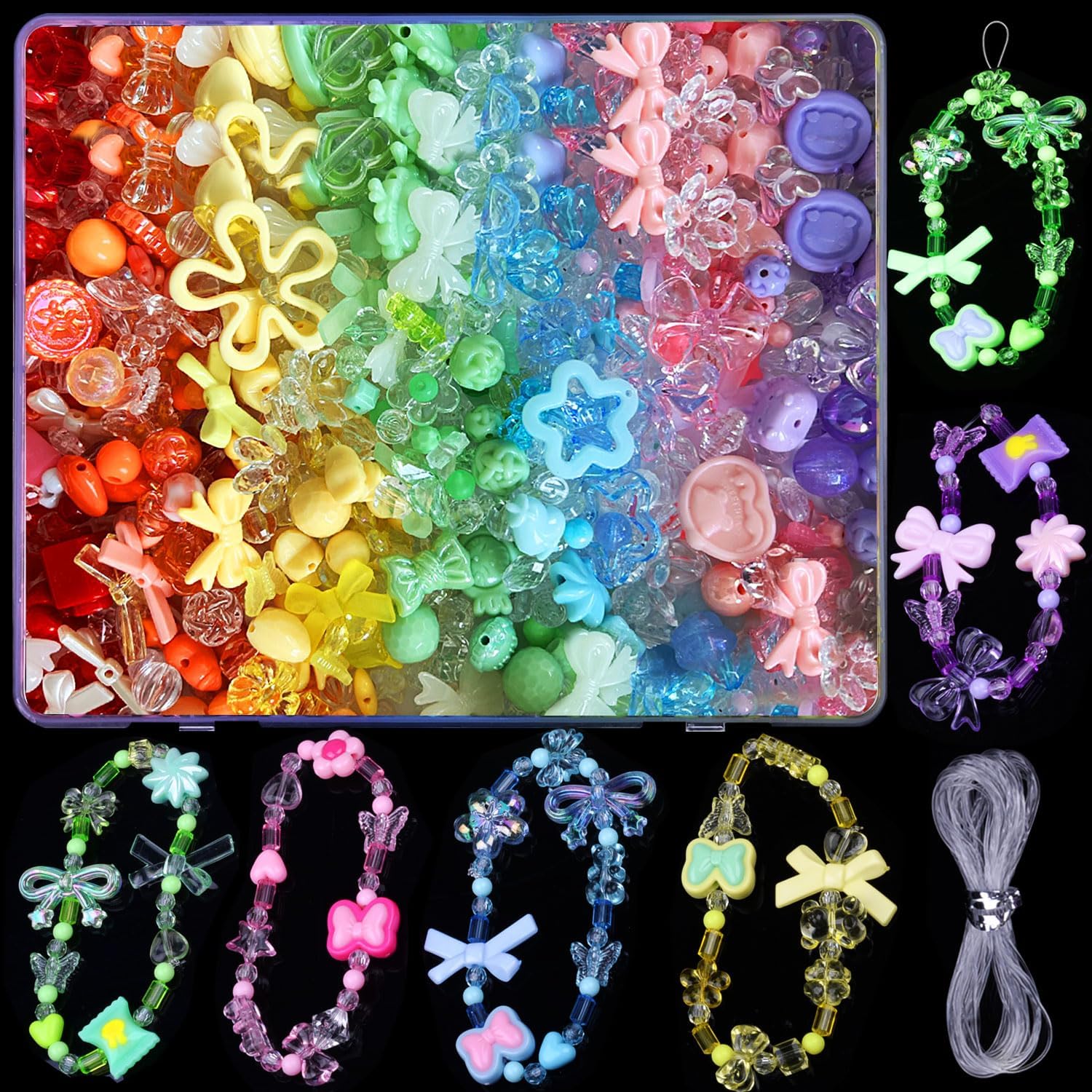 200-500PCS Assorted Acrylic Beads for Bracelet Making, Pony Bead Flower Bow Butterfly Candy Star Heart GummyBear Kawaii Bracelet Charms,Cute Beads for Crafts Jewelry Making DIY Keychain Phone Charms