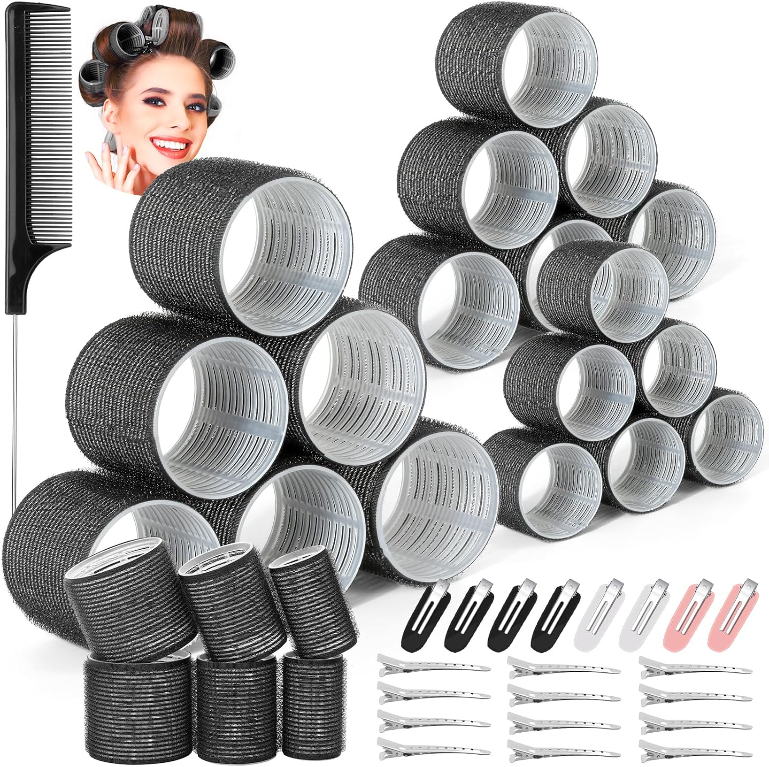 Thrilez 39PCS Hair Curlers Rollers with Clips Black Hair Roller with 3 Sizes 64mm 44mm 33mm, Jumbo Roller with 12PCS Duckbill Clips Hair Rollers for Long Medium Short Thick Fine Volume Bangs