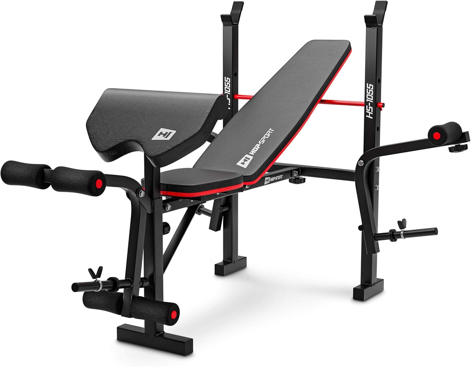 Hop-Sport HS-1055 Folding Weight Bench – Adjustable Bench Press Station with Barbell Rack, Preacher Curl Pad, Leg Developer & Butterfly Arms – Home Gym Workout Bench, Black/Red