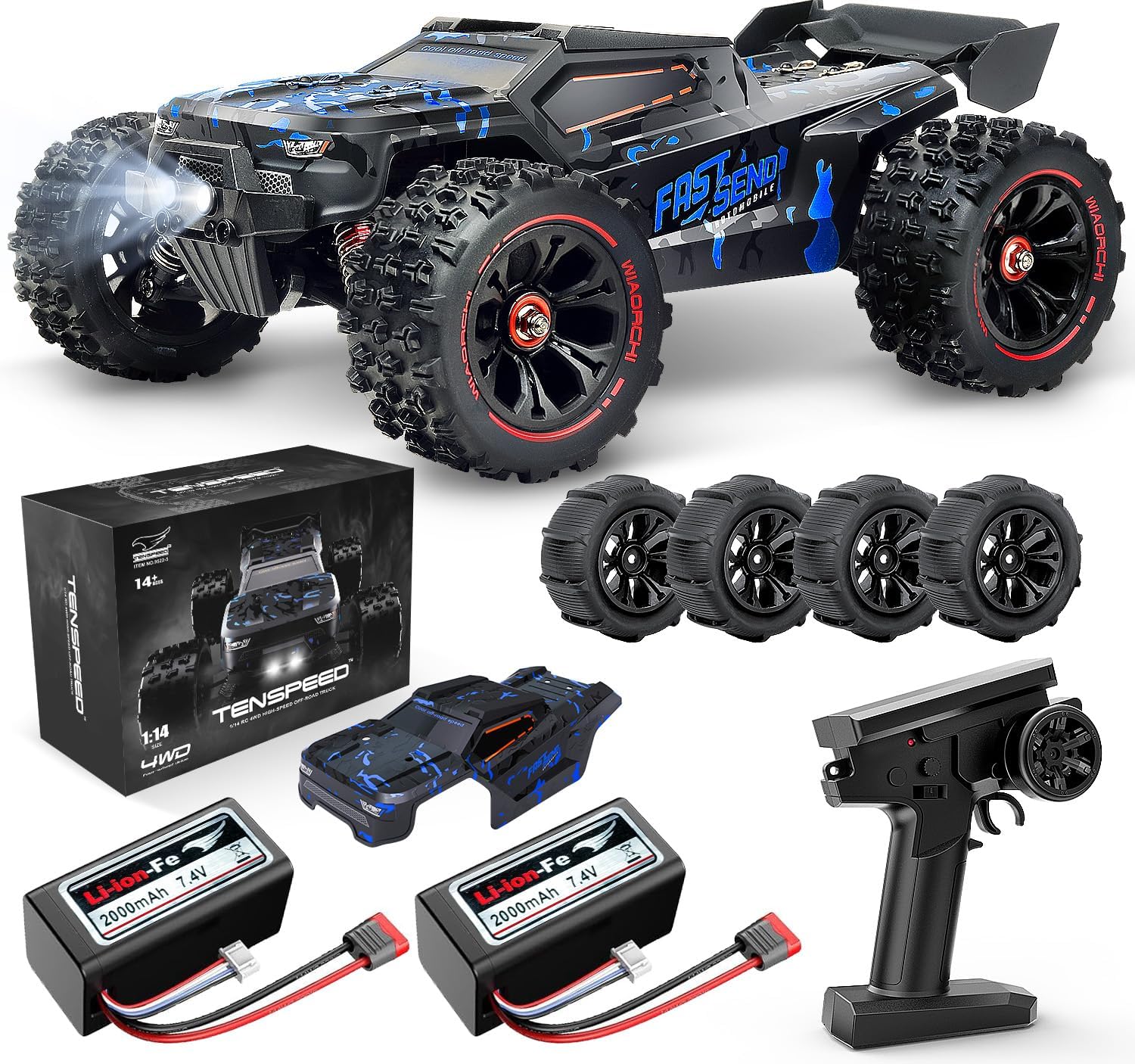 1:14 Scale RC Cars for Adults, 60 KPH High Speed RC Truggy, 4X4 Off-Road Remote Control Truck, Waterproof Electric Car with 2S Battery, All Terrain RC Vehicle for Snow, Sand, Beach & Rocky Surfaces