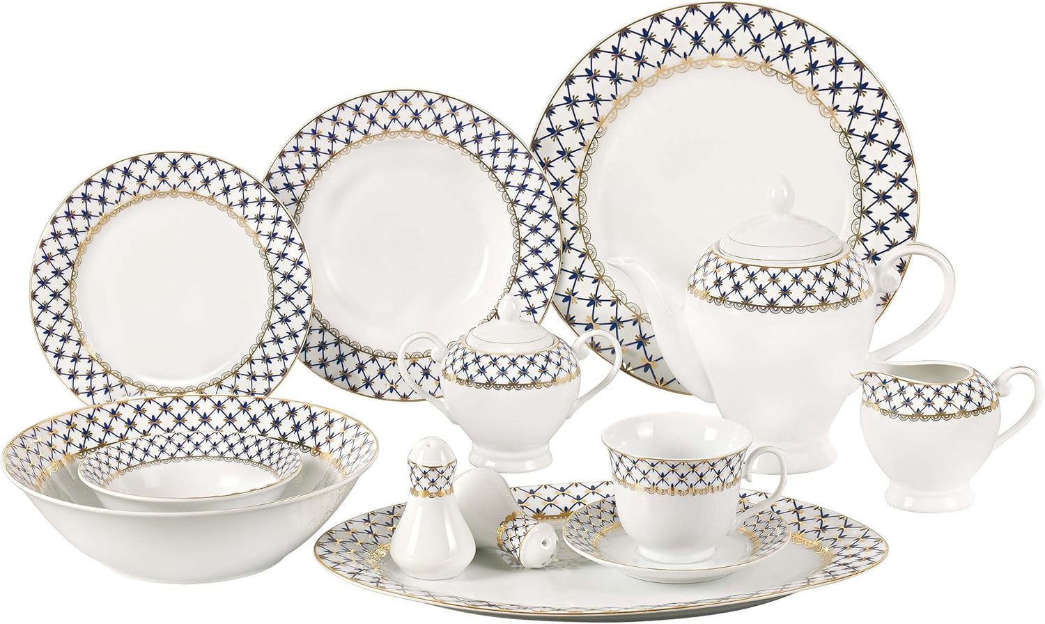 Lorren Home Trends 57-Piece Porcelain Dinnerware Set with Cobalt Blue Lattice Border, Service for 8, Gold