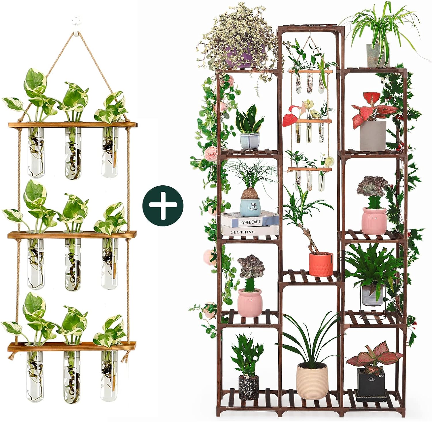 XXXFLOWER Wall Hanging Propagation Station with Wooden Stand Glass Test Tubes Plant Stand Indoor Outdoor 13 Tiers Wood Plant Shelf for Multiple Plants for Window Garden Balcony Patio Porch Living Roo