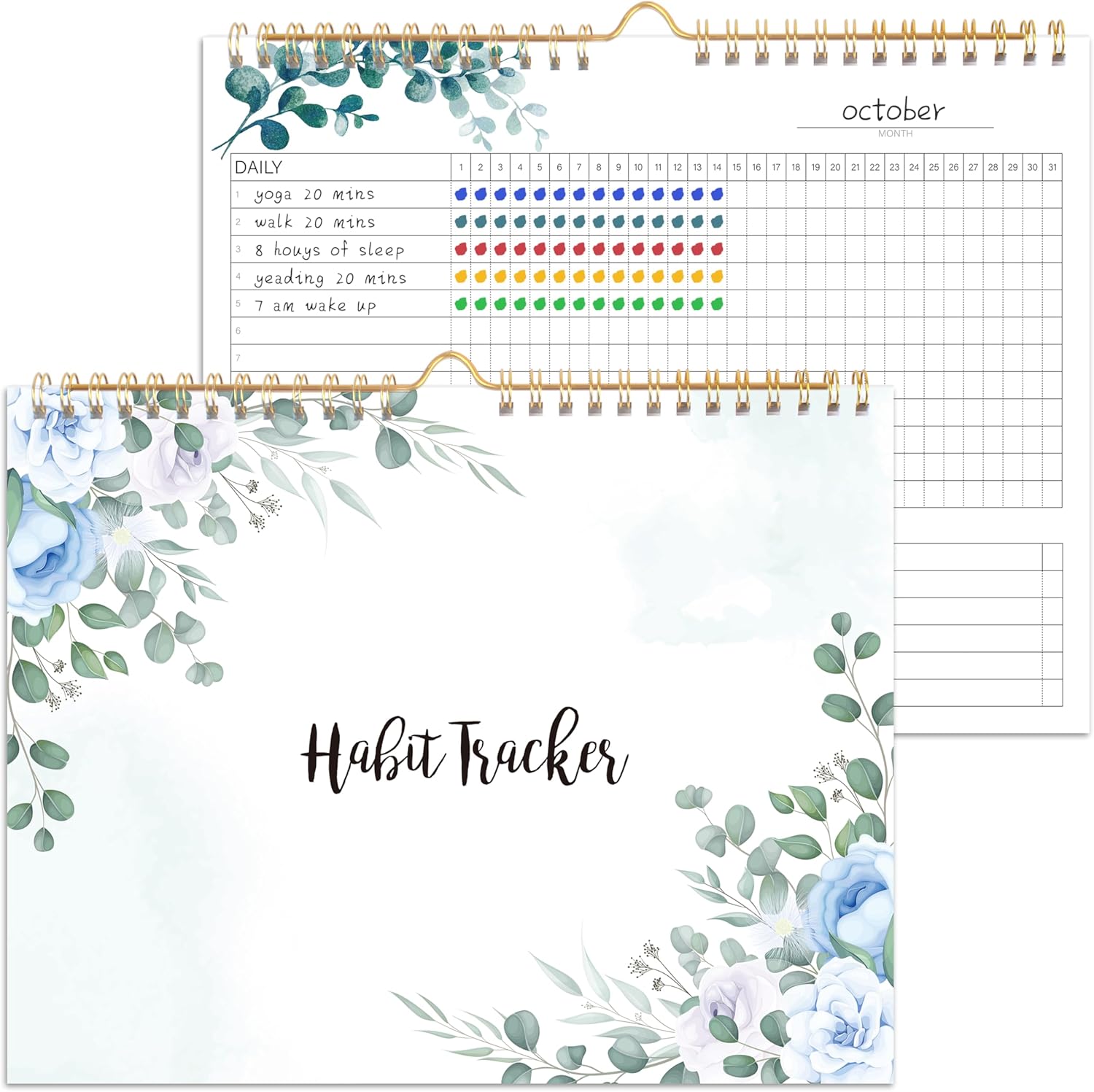 Habit Tracker Calendar - 12 Months Undated Daily Weekly & Monthly Period Habit Tracker Journal, Greenery Floral, Spiral Binding & Hanger, 8"x10"