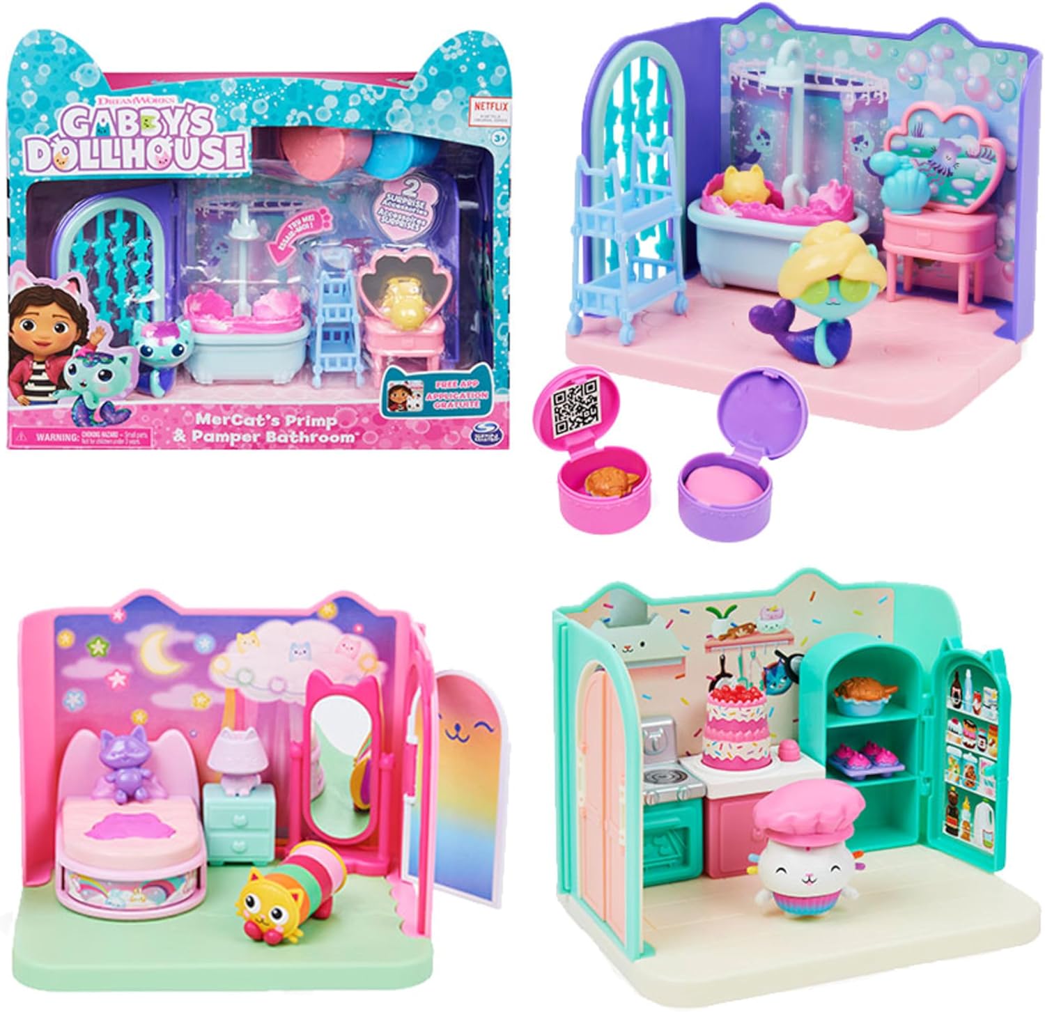 Gabby’s Dollhouse, Primp and Pamper Bathroom with MerCat Figure, 3 Accessories, 3 Furniture Pieces and 2 Deliveries, Kids’ Toys for Ages 3 and above
