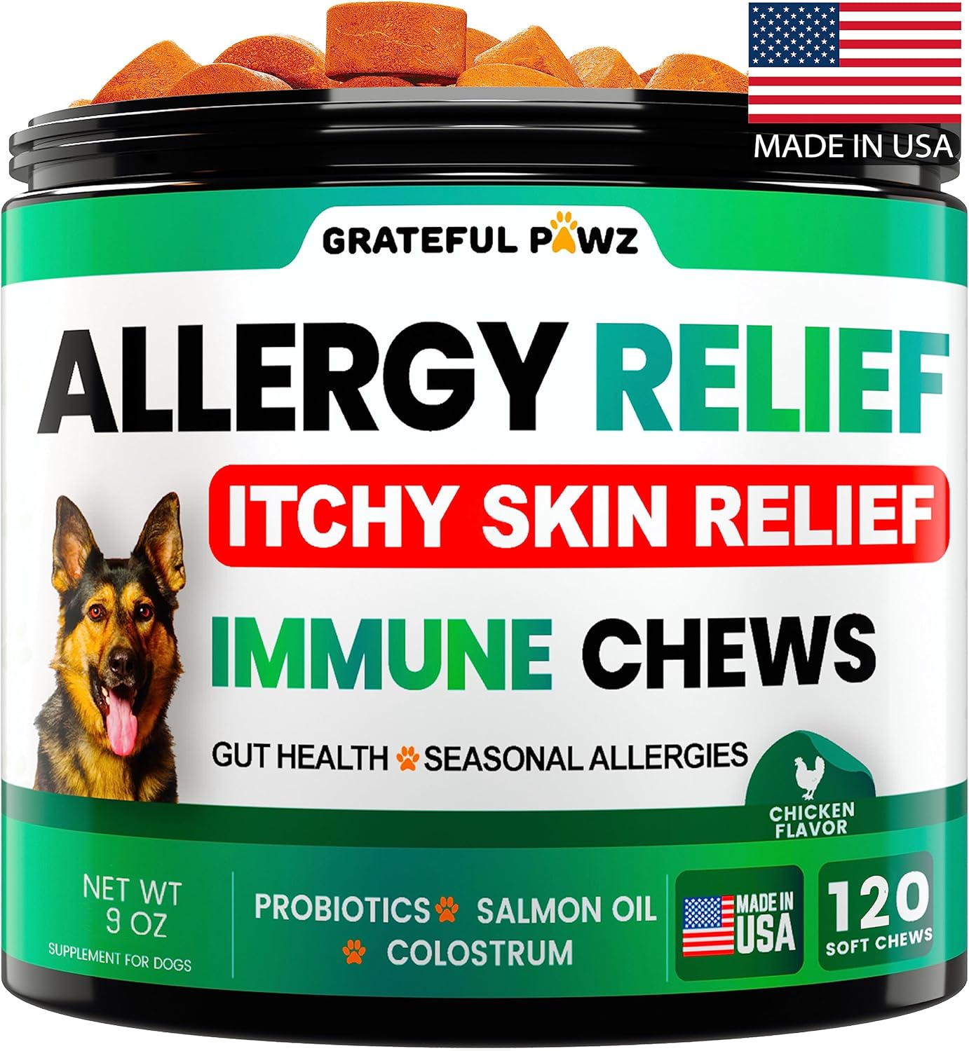 Dog Allergy Relief Chews - Dog Itch Relief - Probiotics, Omega 3 Fish Oil + Colostrum - Itchy Skin - Seasonal Allergies - Anti Itch Support & Hot Spots - Immune Health Supplement - Made in USA