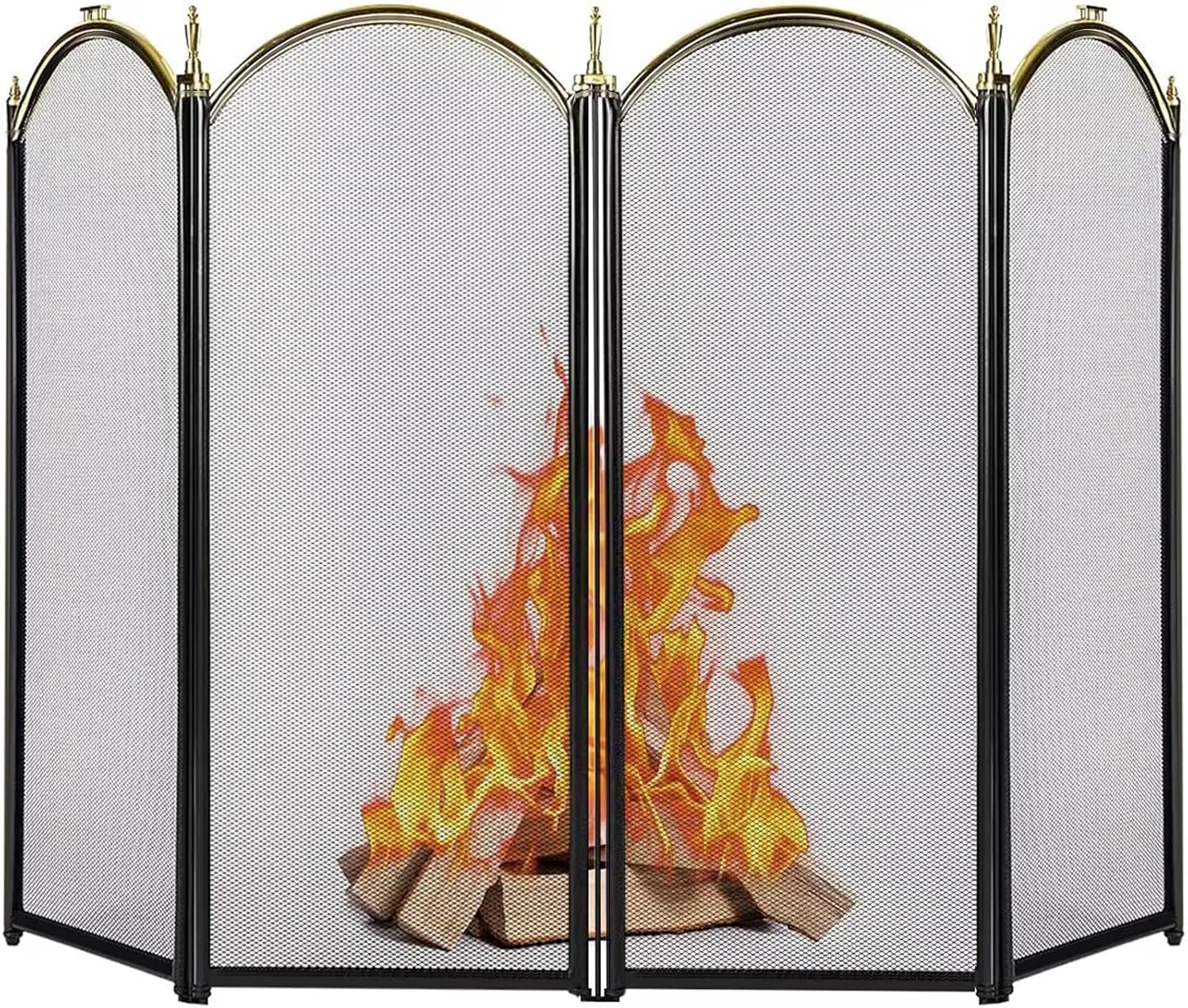 Amagabeli Large Gold Fireplace Screen 4 Panel Ornate Wrought Iron Black Metal Fire Guard Gate Decorative Mesh Folding Iron Fire Panel Outdoor Tools Accessories