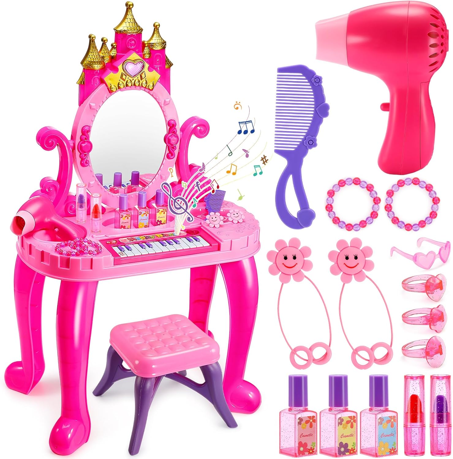 Naxudcoo Toys For 3-5 Year Old Girls: Kids Dressing Table For Girls, Girl Vanity Table Toddler Vanity Magic Makeup Set, Dressing Table With Mirror And Stool, Birthday Gifts For 3 4 5 Year Old Girl