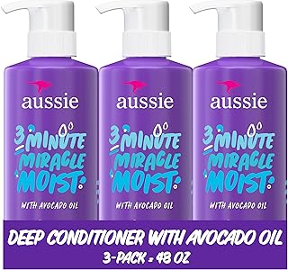 Aussie 3 Minute Miracle Moist Deep Conditioner for Dry Hair, Avocado & Jojoba Oil, Safe for Color Treated Hair, Nourishing Hydration, Silky Shine, Paraben-Free, 16 Fl Oz Each, Triple Pack