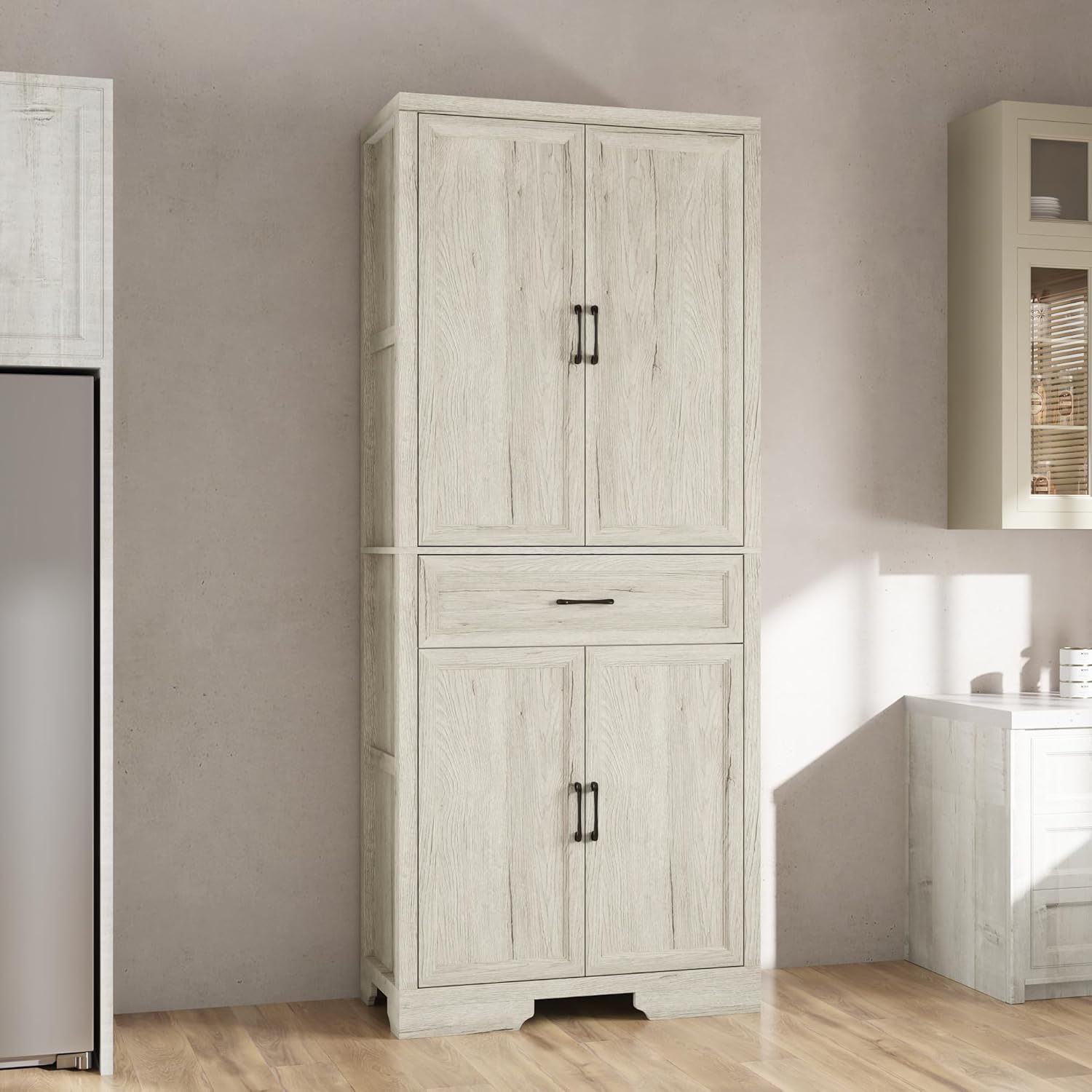 78.7" Tall Pantry Cabinet, Wood Kitchen Pantry with 4 Doors, 5-Tier Shelves & Drawer, Floor Cupboard Kitchen Storage Cabinet for Dining Room, Living Room, Burlywood 31.5" W