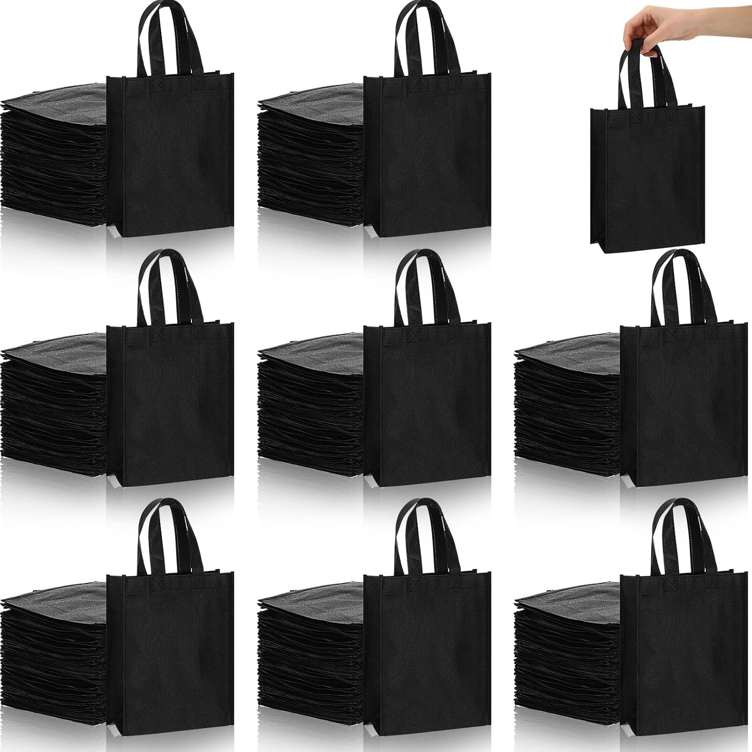 Jexine 100 Pcs Non Woven Bags Reusable Gift Bag with Handles Shopping Tote Bags Grocery Goodie Party Treat Bags Party Favors, Black, S