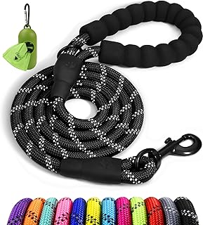 Taglory Rope Dog Leash 6 FT with Comfortable Padded Handle, Highly Reflective Threads Dog Leash for Medium Large Dogs, 1/2 inch, Black