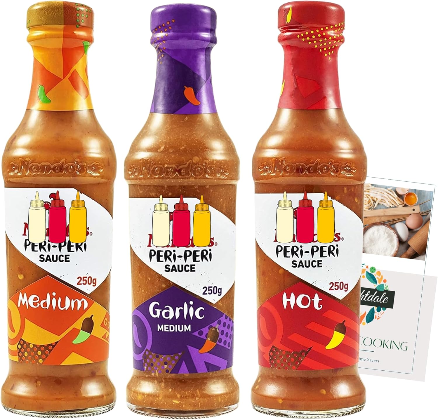 Assorted Sauce Bundle with Nando's Peri-Peri Hot, Medium and Garlic 250g each + Brightdale Kitchen Booklet