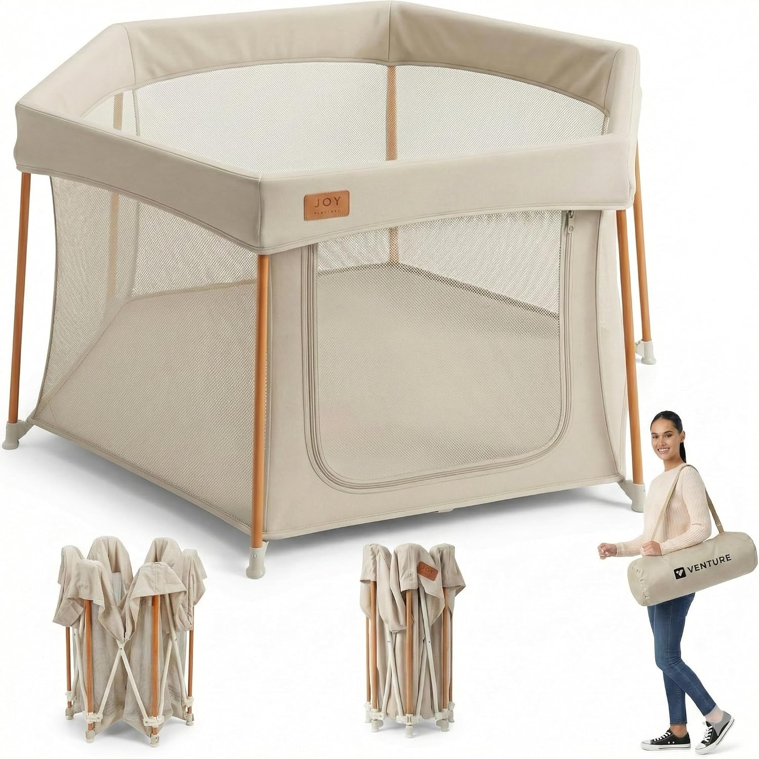 Venture Baby Playpen - All Stars Joy Award-Winning Foldable – Large, Portable Play Pen for Babies & Toddlers, Breathable Mesh & Fitted Mat, Easy to Set Up, Includes Travel Bag - Taupe (6-36 Months)