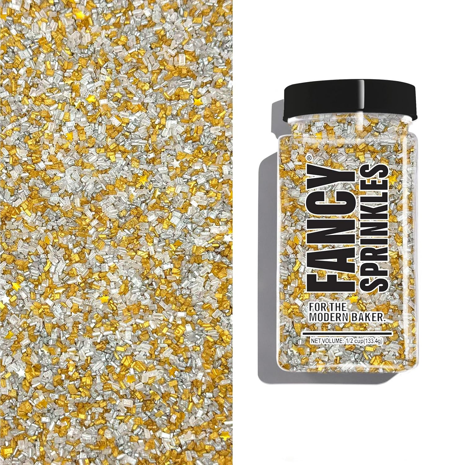 Fancy Sprinkles Holiday Season Filthy Rich Fancy Sugar Silver and Gold Pearlescent Sugar Crystals Flecked with Mini Edible Glitter Stars (0.5c)