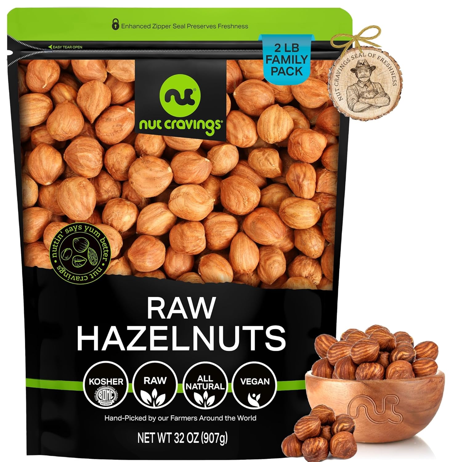 NUT CRAVINGS - Raw Hazelnuts Filberts with Skin - Unsalted, Shelled, (32oz - 2 LB) Bulk Nuts Packed Fresh in Resealable Bag - Kosher Healthy Snack, Natural Keto Vegan - Ideal for Trail Mixed Nuts