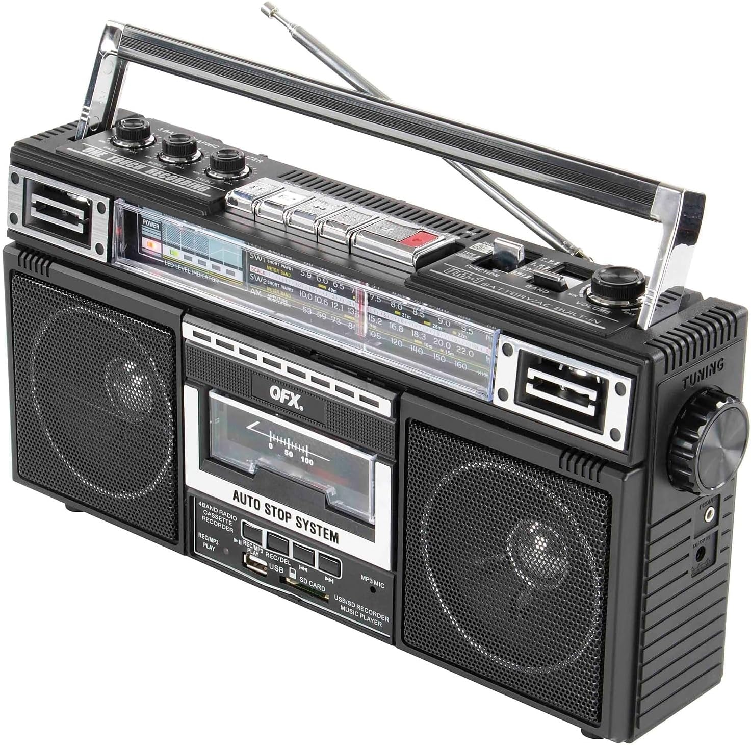 QFX J-220BT Boombox MP3 Conversion from Radio to Cassette with 4-Band (AM, FM, SW1, SW2) Radio with Bluetooth, Rechargeable Battery, Dual 3” Speakers, Built-in Microphone, Recorder, 3-Band Equalizer