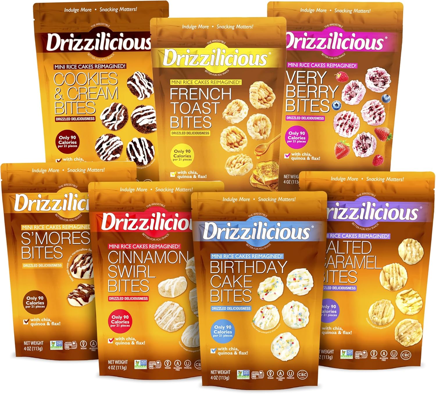 Drizzilicious Mini Rice Cake Bites & Popcorn Variety Mix, 113g Per Bag, Pack of 7