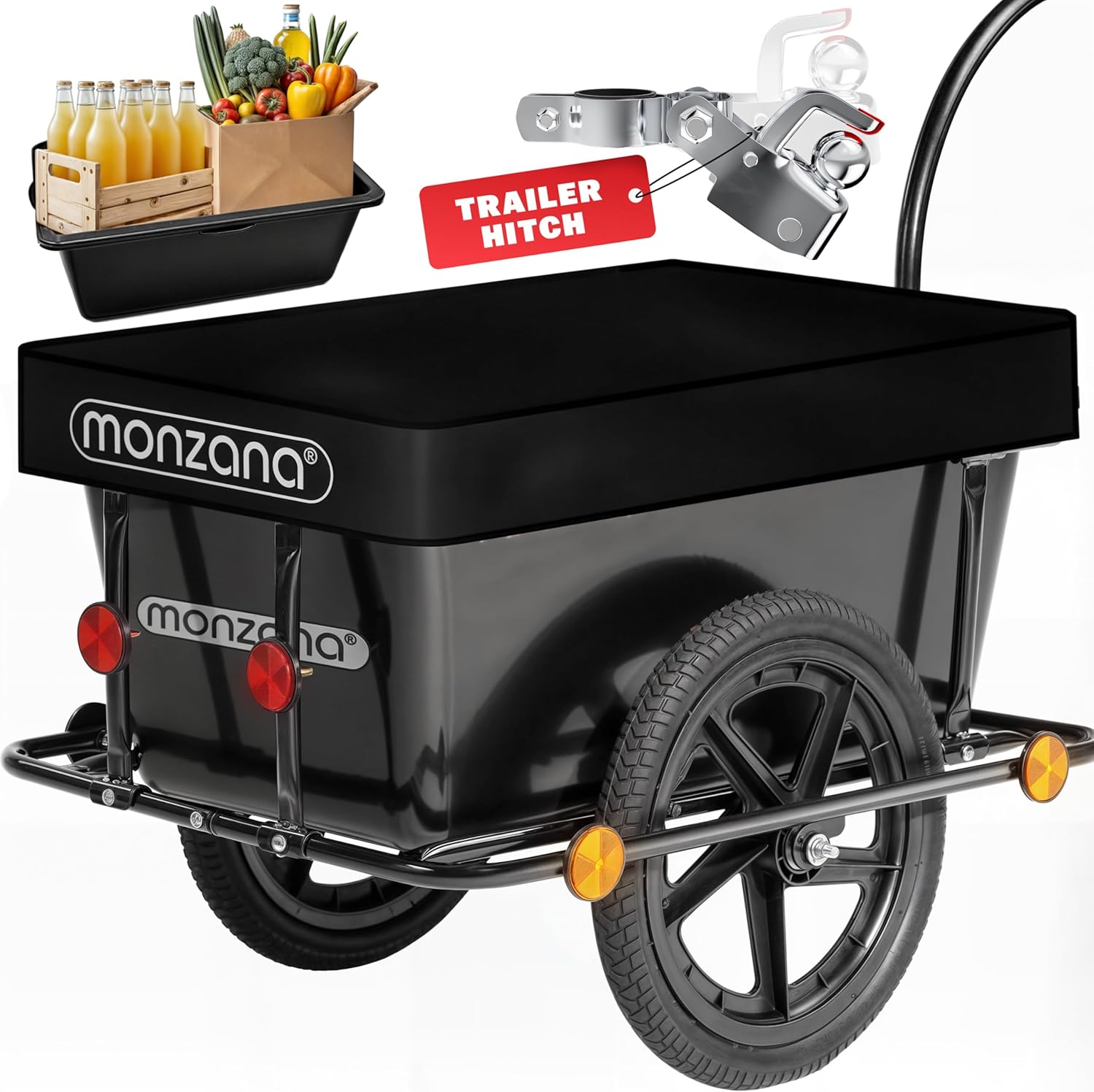 MONZANA® Bicycle Trailer with 90L Plastic Tub & Tarpaulin Cover | Galvanised Safety Coupling Towing Hitch | Universal Tagalong Transport Cargo Pet Trolley Cart | Pneumatic Tyres | Reflectors | Black