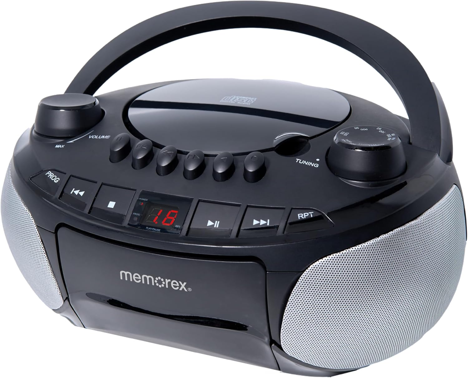 Memorex AM/FM Top Loading CD Player | Portable Stereo with Programmable Memory | Auxiliary Input and LED Display (Black, with Cassette Player)