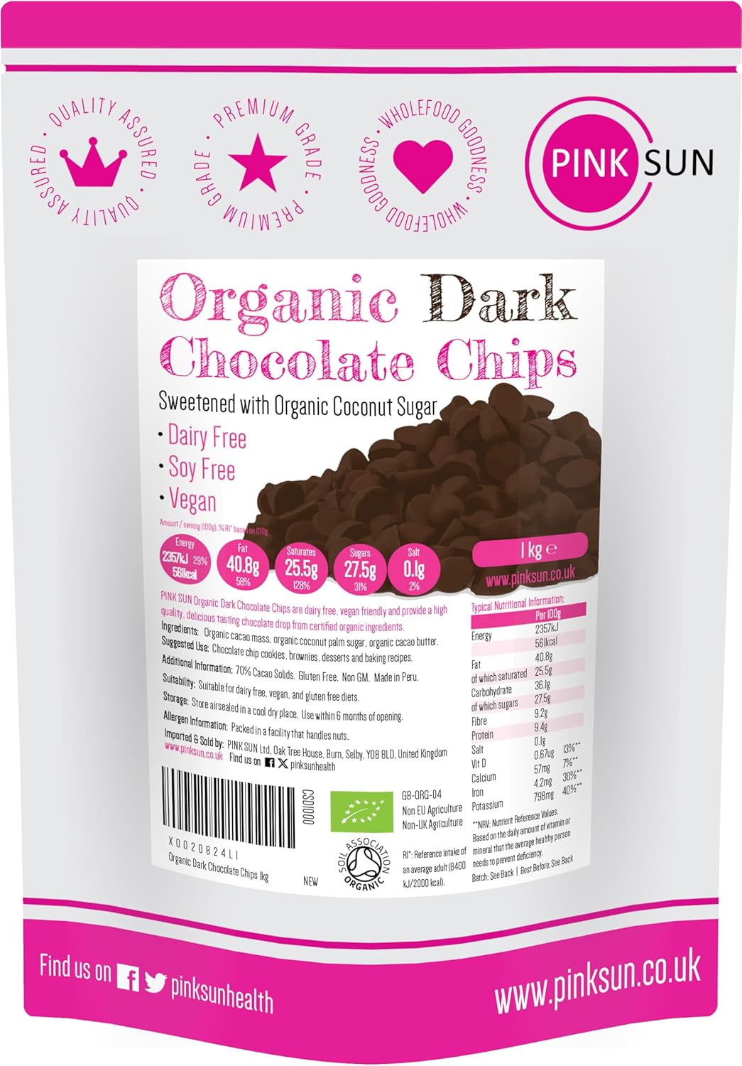 PINK SUN Organic Chocolate Chips 1kg - Vegan, Dairy Free, Soy Free, Gluten Free 70% Dark Chocolate for Baking 1000g in Drops Bulk