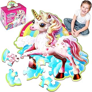 Girls Unicorn Floor Puzzle Toys: Unicorn Gifts for Girls - Puzzles for Kids Ages 4 5 6 7 8 9 - Unicorn Toys Glittery Pink 45-Piece Puzzle - Educational Games to Foster Toddlers Motor Skills