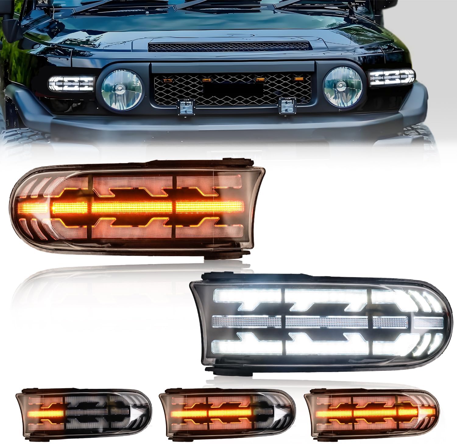 Front Sequential LED DRL Headlights for FJ Cruiser 2007-2021, Clear Lens Switchback Amber Turn Signal Lights & White Daytime Running Lights, [Ultra-Bright] Amber Front Bumper Fog Lamps, 2 PCS