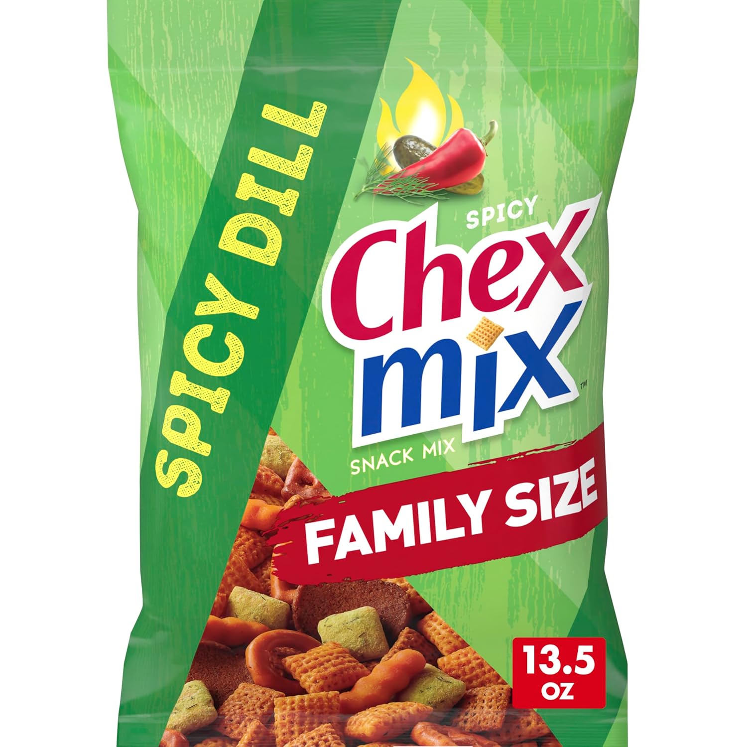 Chex Mix Spicy Dill Savory Snack Mix, Family Size Snack Bag, 13.5 oz