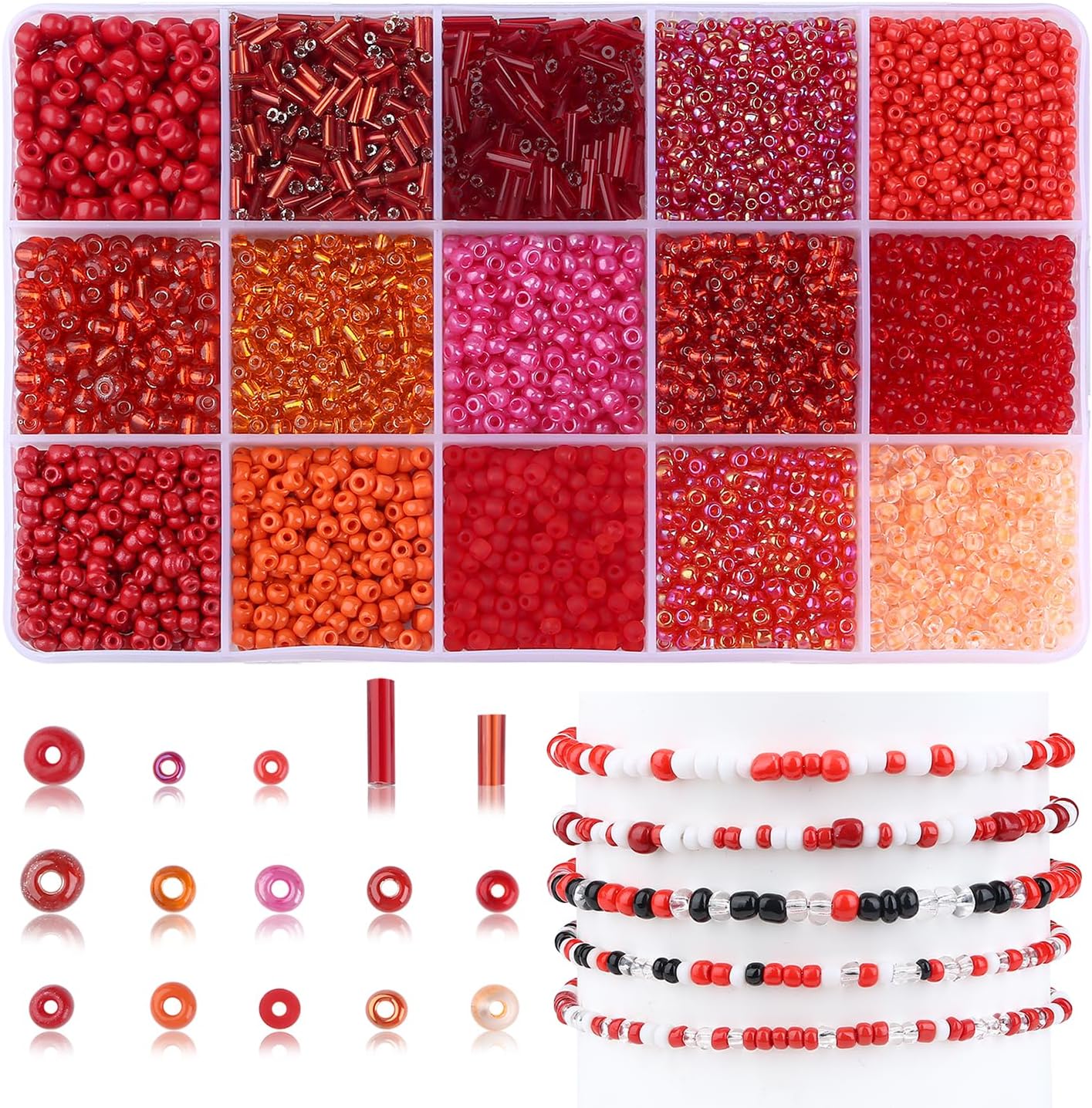Red Seed Beads Small Tube Beads Embroidery Beads Kits 15 Color Red Glass Beads for Jewellery Making DIY Crafting 4mm 3mm 2mm Small Bead