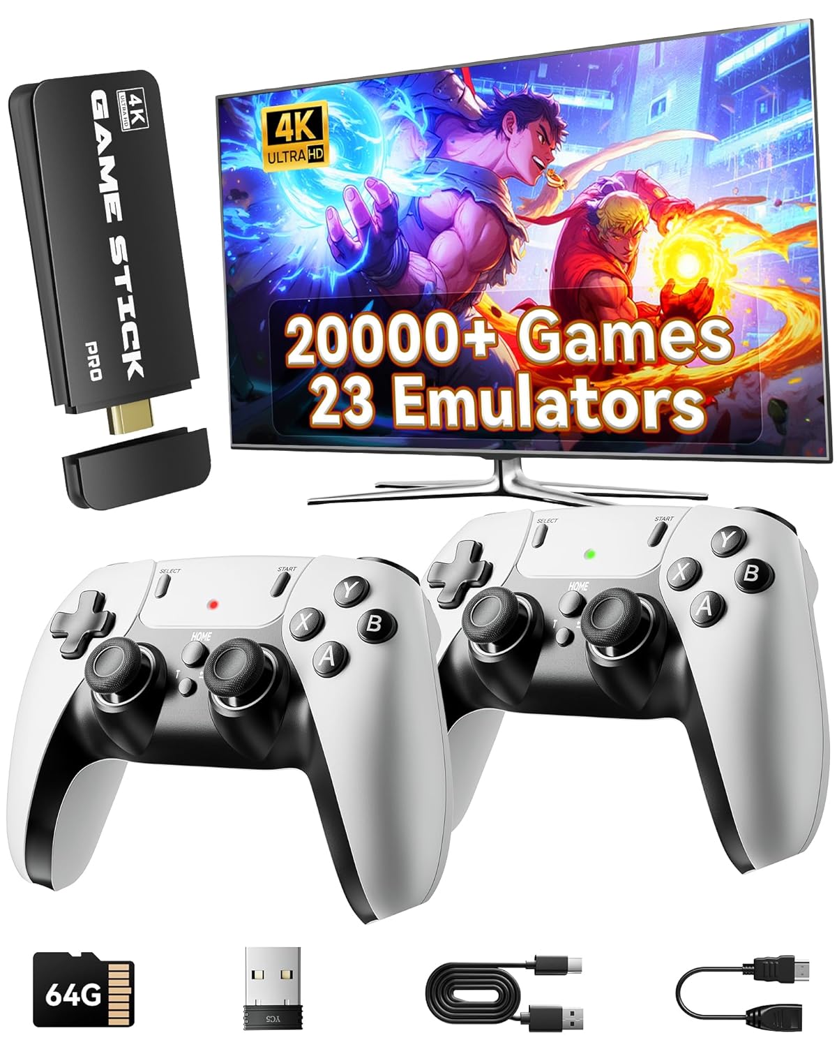 Retro Gaming Console, 20,000+ Retro Game Stick, 23 Emulators, 4K HD TV Game Stick, Built-in Classic Video Games, Plug & Play Game Console for TV with 2 Wireless Controllers