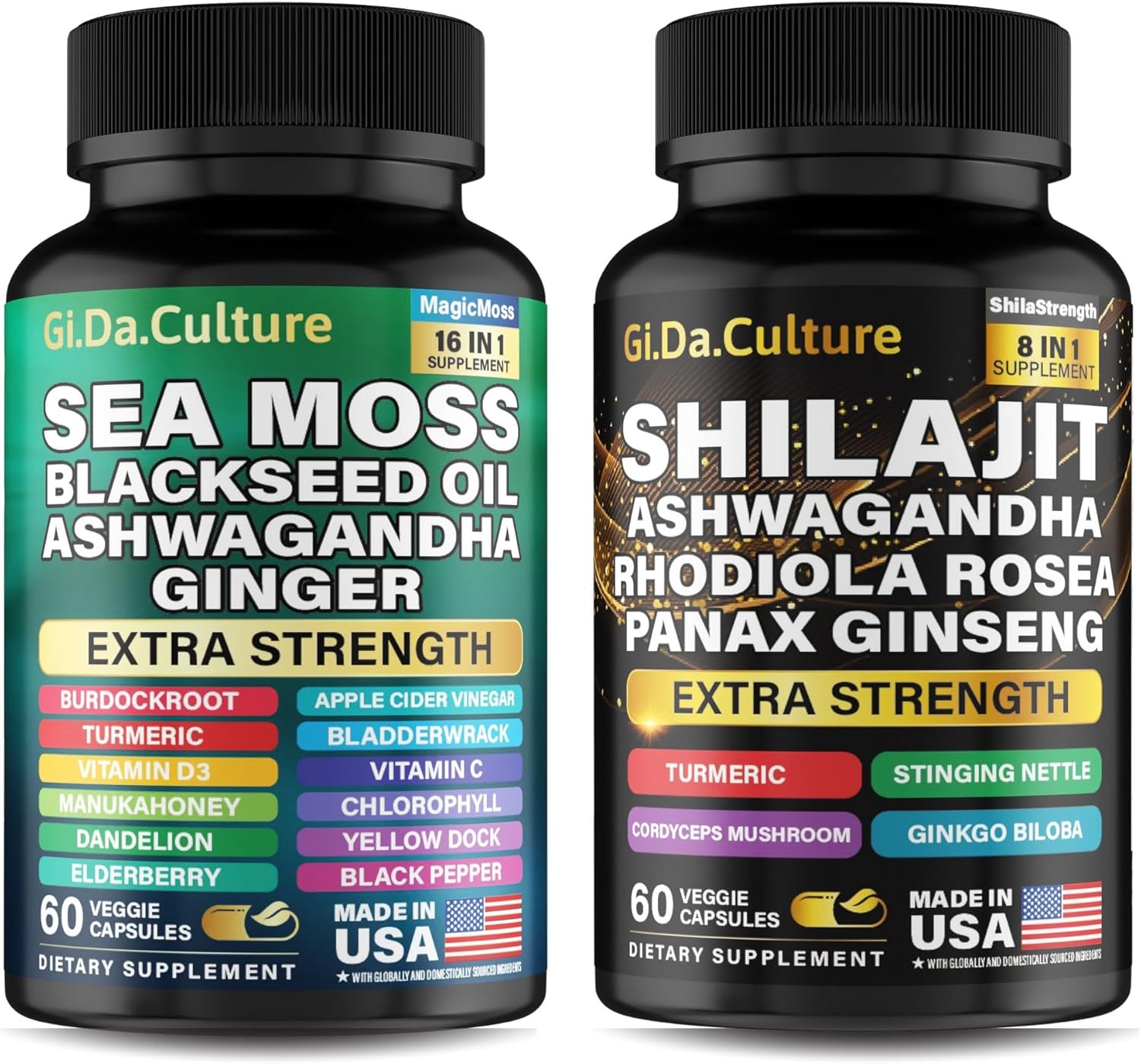 GiDa Culture Shilajit and Sea Moss Combo - Sea Moss and Shilajit Bundle with Ashwagandha, Black Seed, Turmeric, Bladderwrack, Burdock, Black Pepper with Vitamins and Antioxidants - 120 Veggie Capsules