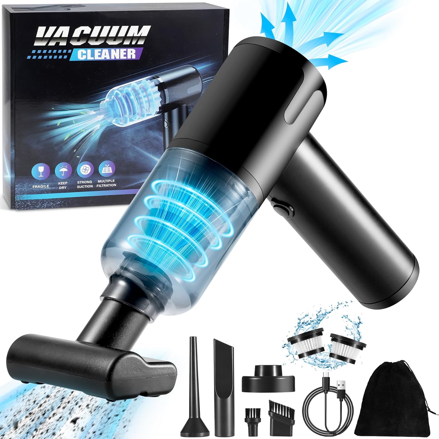 Pourbibi Handheld Vacuum Cleaner with 2 Filters, 12000PA Car Vacuum Cleaner Cordless, Rechargeable Portable Lightweight Mini Vacuum with Large-Capacity Battery for Home, Car, Office, Clean Pet Hair