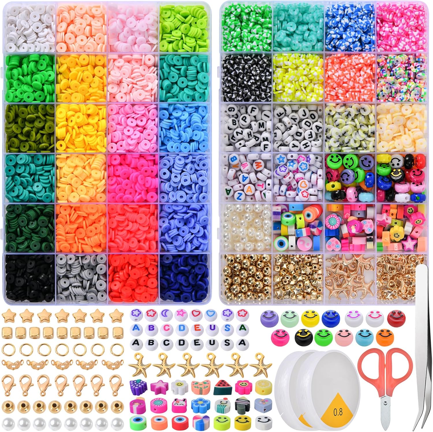 WHEELIO 8500 PCS Clay Beads Bracelet Making Kit, 34 Colors Flat Round Polymer 6mm with Letter Beads