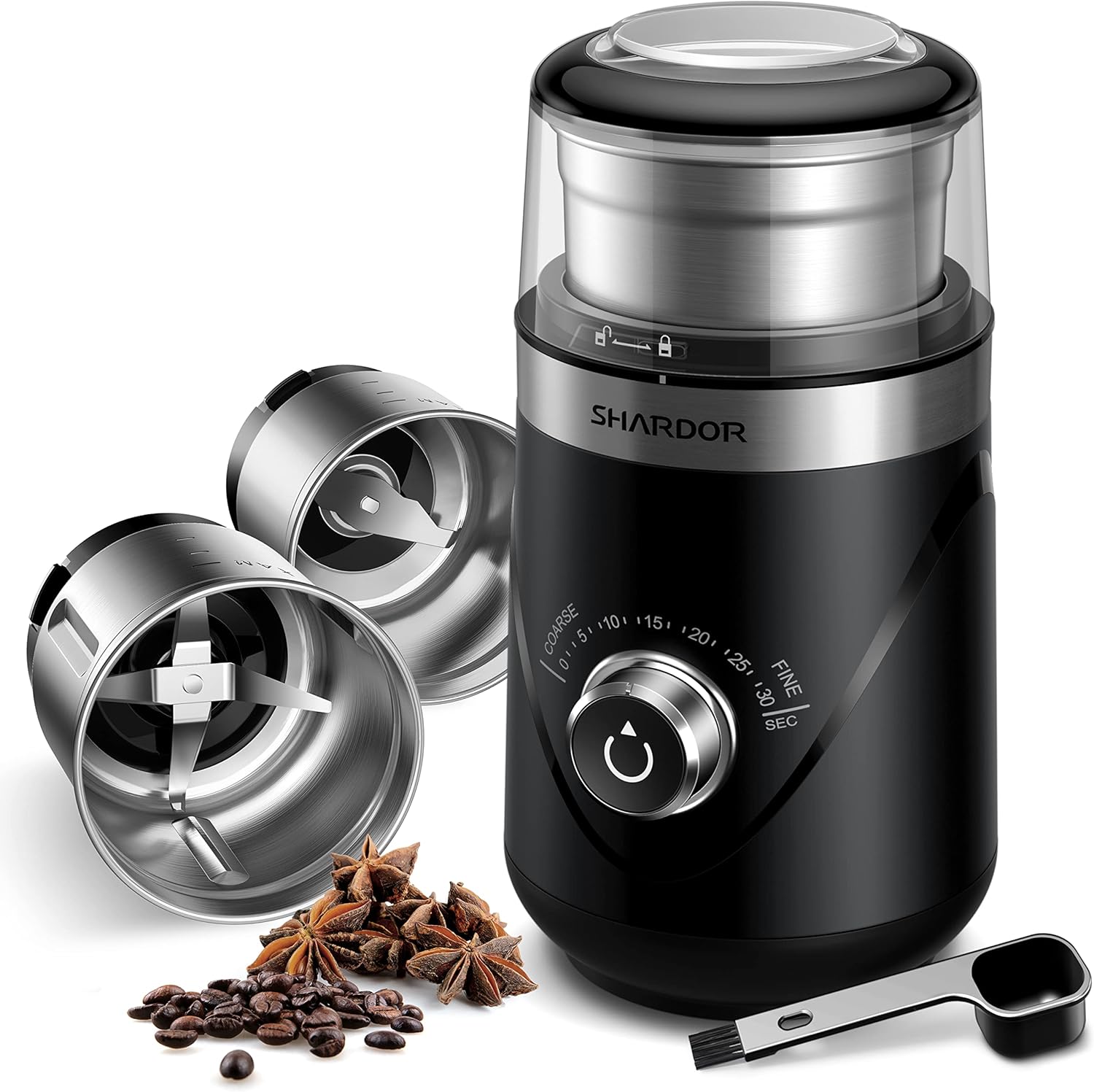 SHARDOR Coffee & Spice Grinder Electric with 2 Removable Stainless Steel Cups, Adjustable Precision Setting Grinder for Wet & Dry Spice, Coffee Bean, Pepper, Grain, Nuts,70g