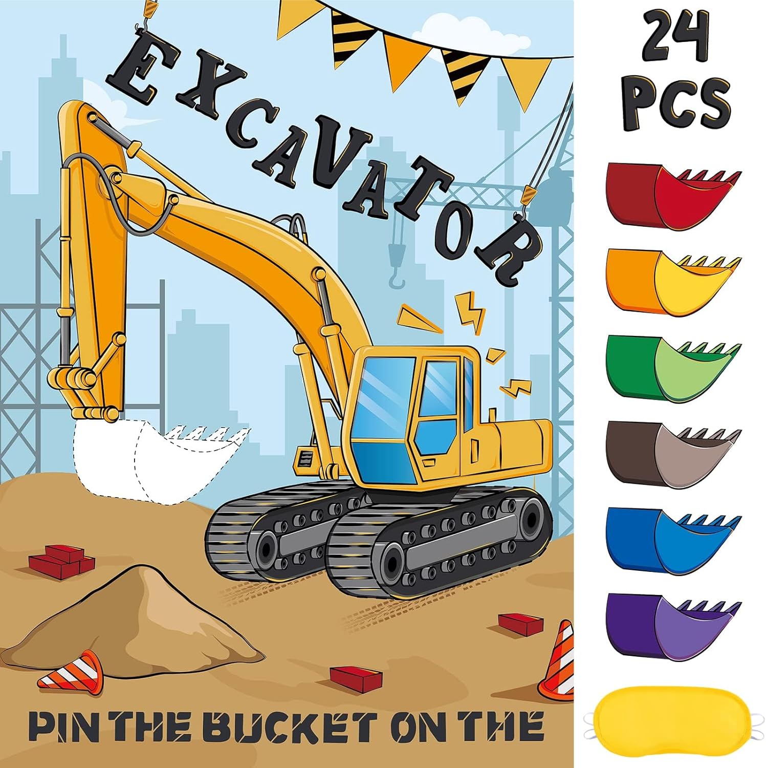 WERNNSAI Pin The Bucket on The Excavator Games - Construction Birthday Party Supplies Kids Pin the Truck Party Games for Kids Birthday Family Activities Truck Poster with 24 Pcs Stickers