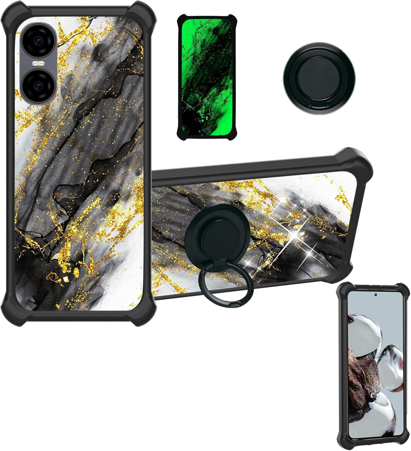 BLU G63 Case Compatible with BLU G63 Phone Case Cover [Hard PC + Soft Silicone][Ring Support] [Gold Glitter+Luminous] JSH-HDL