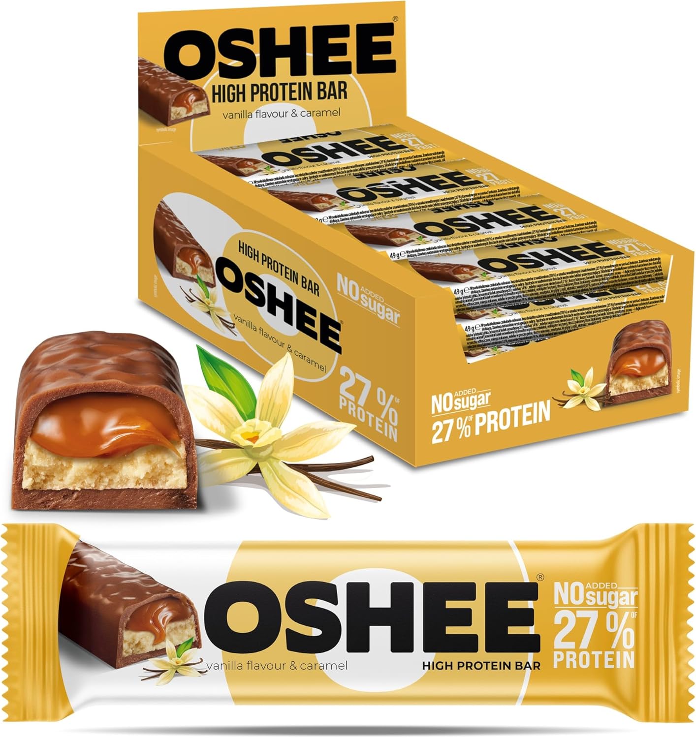 Oshee High Protein Bars – Vanilla & Caramel, 49g (Pack of 12), 32% Protein Snack for Muscle Recovery & Energy, Low Sugar, High Fibre, Ideal for Active Lifestyles