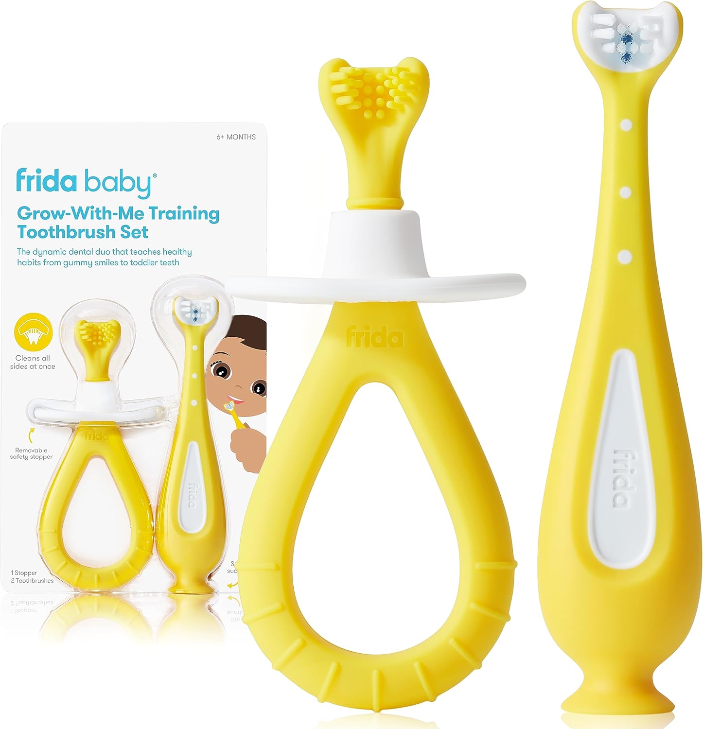 Frida Baby Grow-with-Me Toothbrush Set, 1 Baby + 1 Toddler Toothbrush, 6-24 Months, Easy-Grip Handle, Triple Angle Silicone Bristles