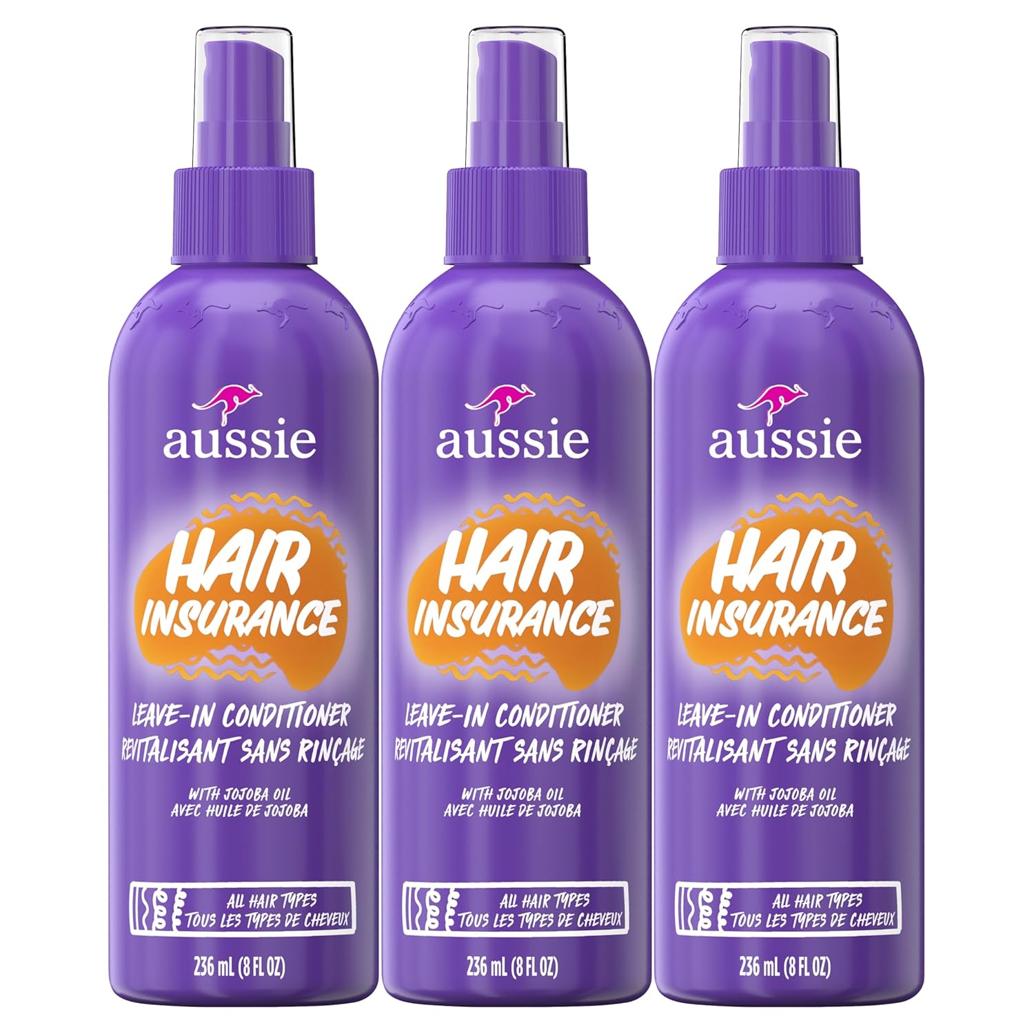 Aussie Hair Insurance Leave-In Conditioner Spray, Frizz Control, Softening with Jojoba & Sea Kelp, Moisturizing Treatment for All Hair Types, Juicy Citrus, 8 Fl Oz Each, Triple Pack